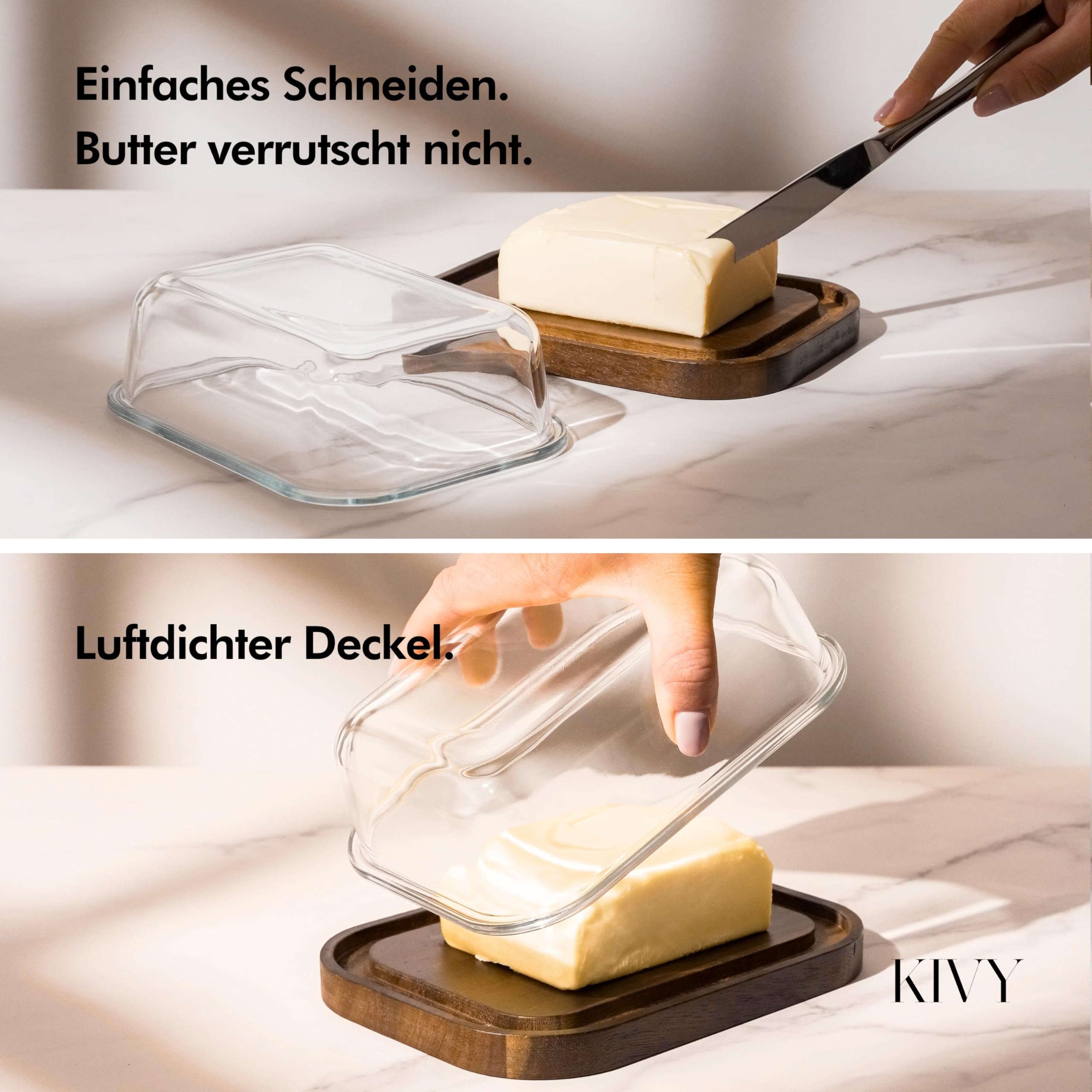 KIVY Butter Dish Glass with Airtight Lid for Smooth Butter - BPA Free - Butter Dishes - Butter Dish - Butter Dish with Lid - Butter Dish with Lid - Butter Box Tin - Butter Box Acacia Wood