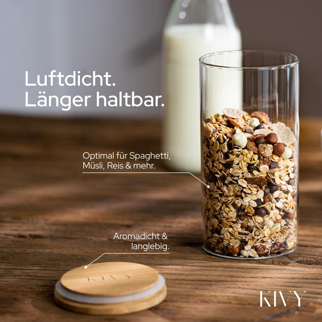 KIVY Vorratsgläser mit Deckel Luftdicht [4x 1200ml] - Vorratsdosen Glas mit Deckel - Glasbehälter mit Deckel - Müsli Aufbewahrung Küche - Vorratsglas mit Holzdeckel - Vorratsbehälter Glas Bambus