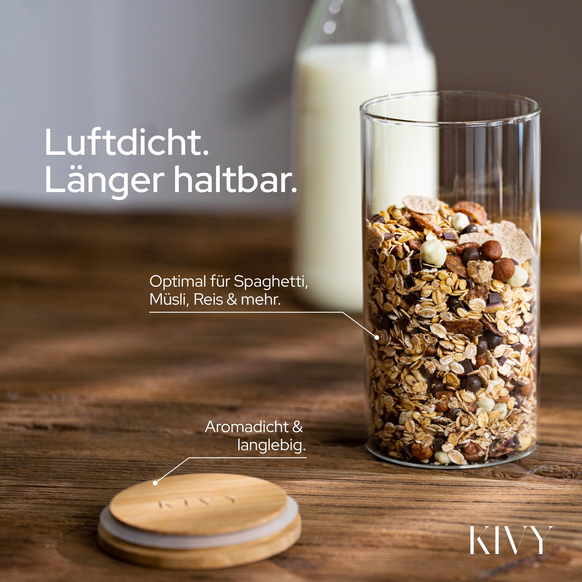 KIVY Vorratsgläser mit Deckel Luftdicht [4x 1200ml] - Vorratsdosen Glas mit Deckel - Glasbehälter mit Deckel - Müsli Aufbewahrung Küche - Vorratsglas mit Holzdeckel - Vorratsbehälter Glas Bambus