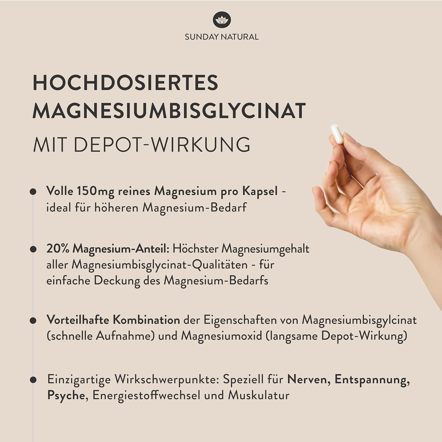 SUNDAY NATURAL® Magnesium Bisglycinat - 240 Kapseln - 300mg reines Magnesium pro Tagesdosis, Hochdosiert - Depot Magnesiumglycinat als organisches Aminosäurechelat - Laborgeprüft, vegan