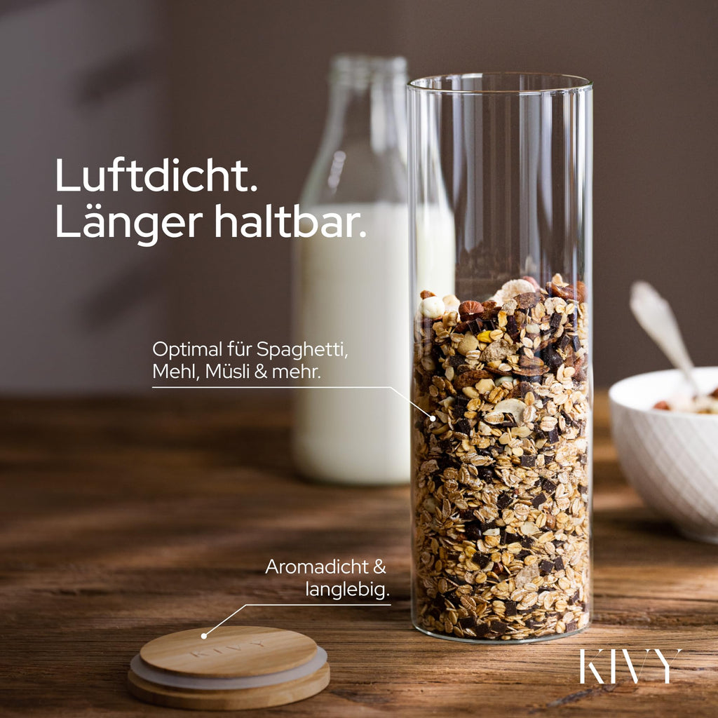 KIVY Vorratsgläser mit Deckel Luftdicht [4x 1200ml] - Vorratsdosen Glas mit Deckel - Glasbehälter mit Deckel - Müsli Aufbewahrung Küche - Vorratsglas mit Holzdeckel - Vorratsbehälter Glas Bambus