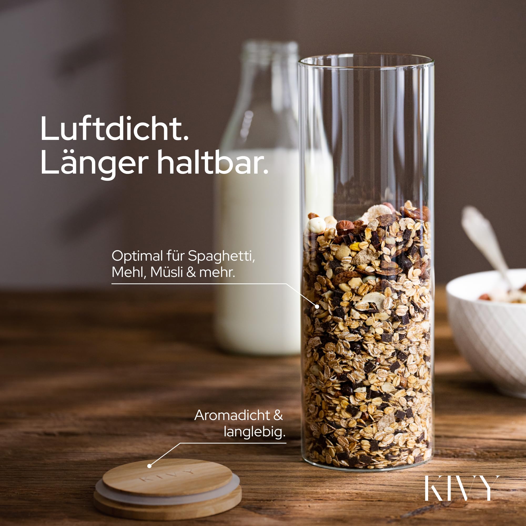 KIVY Vorratsgläser mit Deckel Luftdicht [4x 1200ml] - Vorratsdosen Glas mit Deckel - Glasbehälter mit Deckel - Müsli Aufbewahrung Küche - Vorratsglas mit Holzdeckel - Vorratsbehälter Glas Bambus