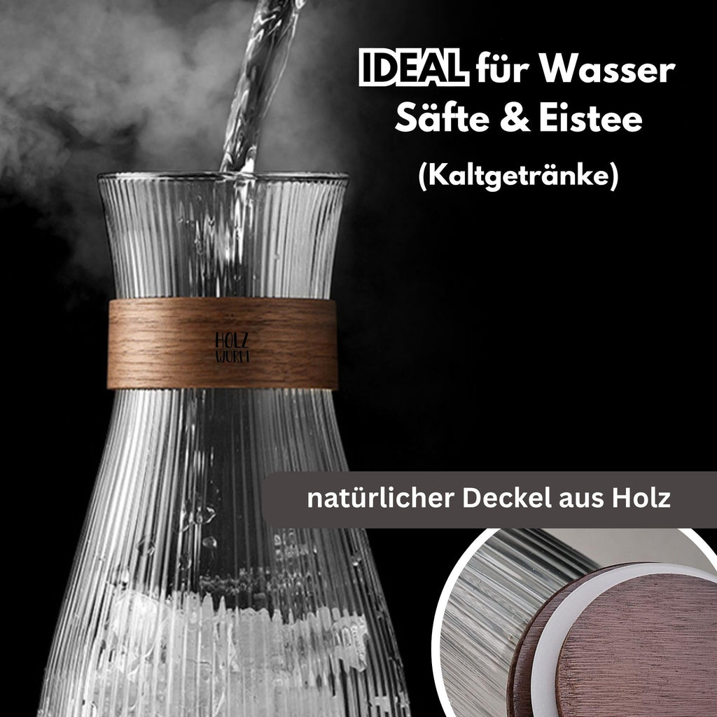 Holzwurm Glass Carafe 1 L - Ribbed Water Carafe with Walnut Wooden Coat, Elegant Water Carafe for Home and Office
