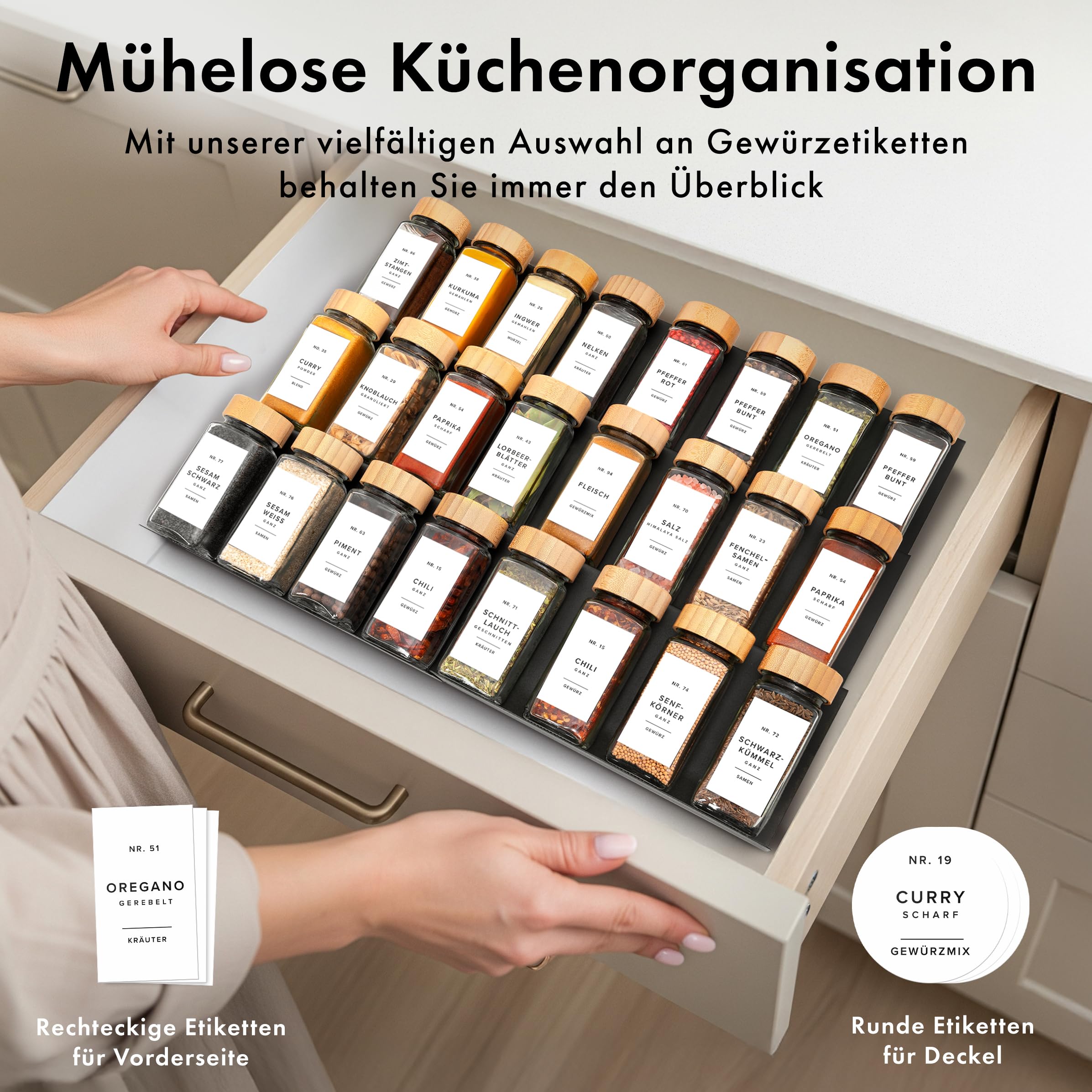 Square Spice Jars Set with Bamboo Lid (24 x 120 ml) Spice Shaker with Shaker Insert and 240 Labels White - Wooden Lid Spice Containers, Spice Jars, Spice Organiser [11 cm x 4.5 cm]