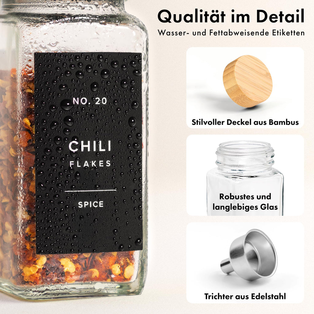 Square Spice Jars Set with Bamboo Lid (24 x 120 ml) Spice Shaker with Shaker Insert and 240 Labels White - Wooden Lid Spice Containers, Spice Jars, Spice Organiser [11 cm x 4.5 cm]