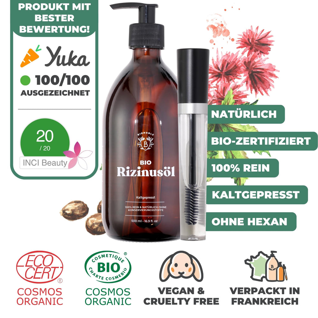 BIONOBLE Rizinusöl Kaltgepresst Bio - 100% Natürlich, Ohne Hexan - Wachstumsfördernd, Repariert - Rizinusöl Bio Haare, Wimpern, Augenbrauen, Haut - Castor Oil - Glasflasche mit Pumpe - 200ml