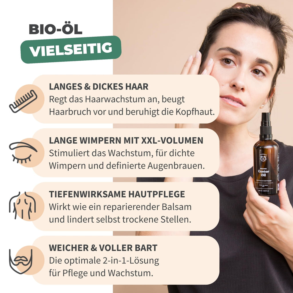 BIONOBLE Rizinusöl Kaltgepresst Bio - 100% Natürlich, Ohne Hexan - Wachstumsfördernd, Repariert - Rizinusöl Bio Haare, Wimpern, Augenbrauen, Haut - Castor Oil - Glasflasche mit Pumpe - 200ml