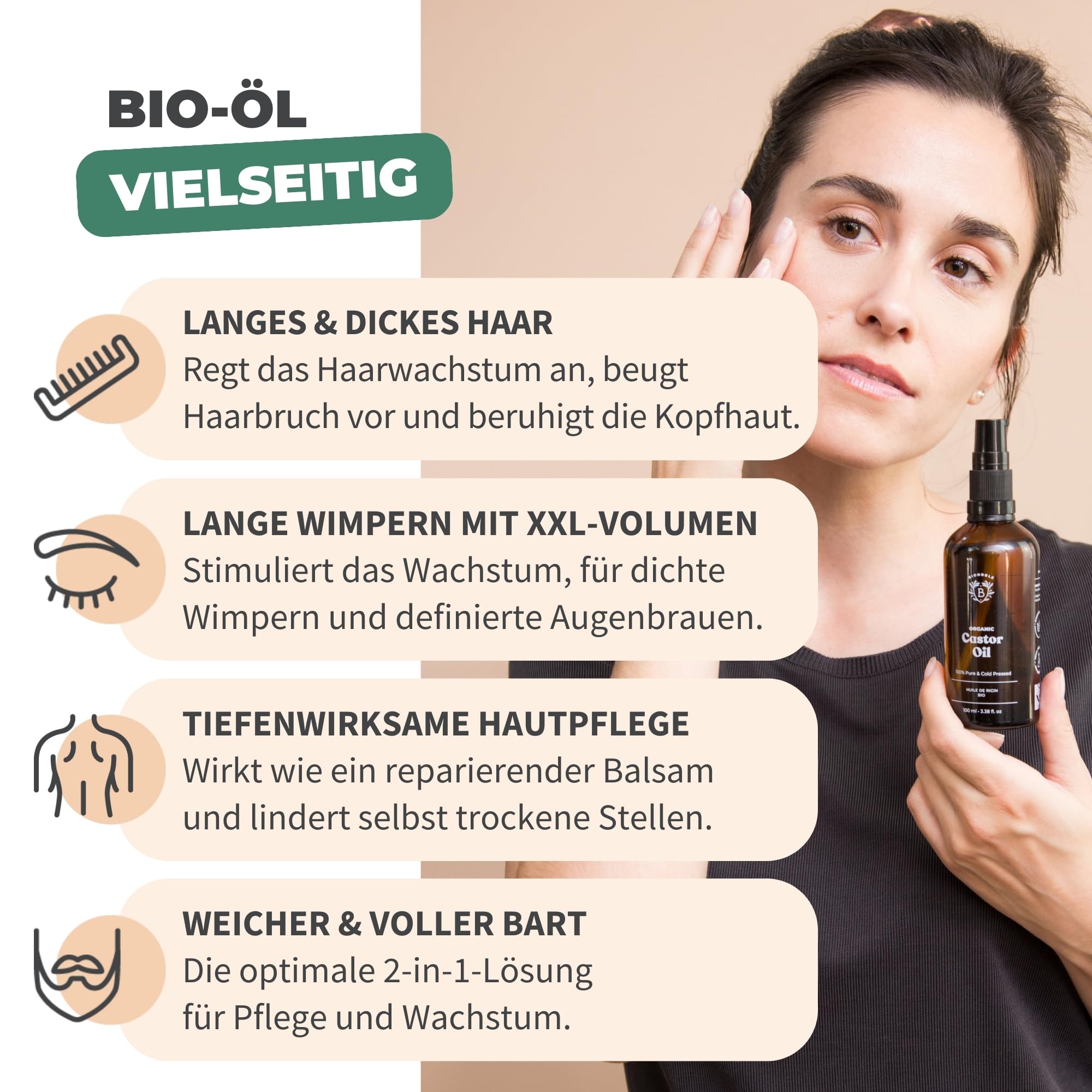 BIONOBLE Rizinusöl Kaltgepresst Bio - 100% Natürlich, Ohne Hexan - Wachstumsfördernd, Repariert - Rizinusöl Bio Haare, Wimpern, Augenbrauen, Haut - Castor Oil - Glasflasche mit Pumpe - 200ml