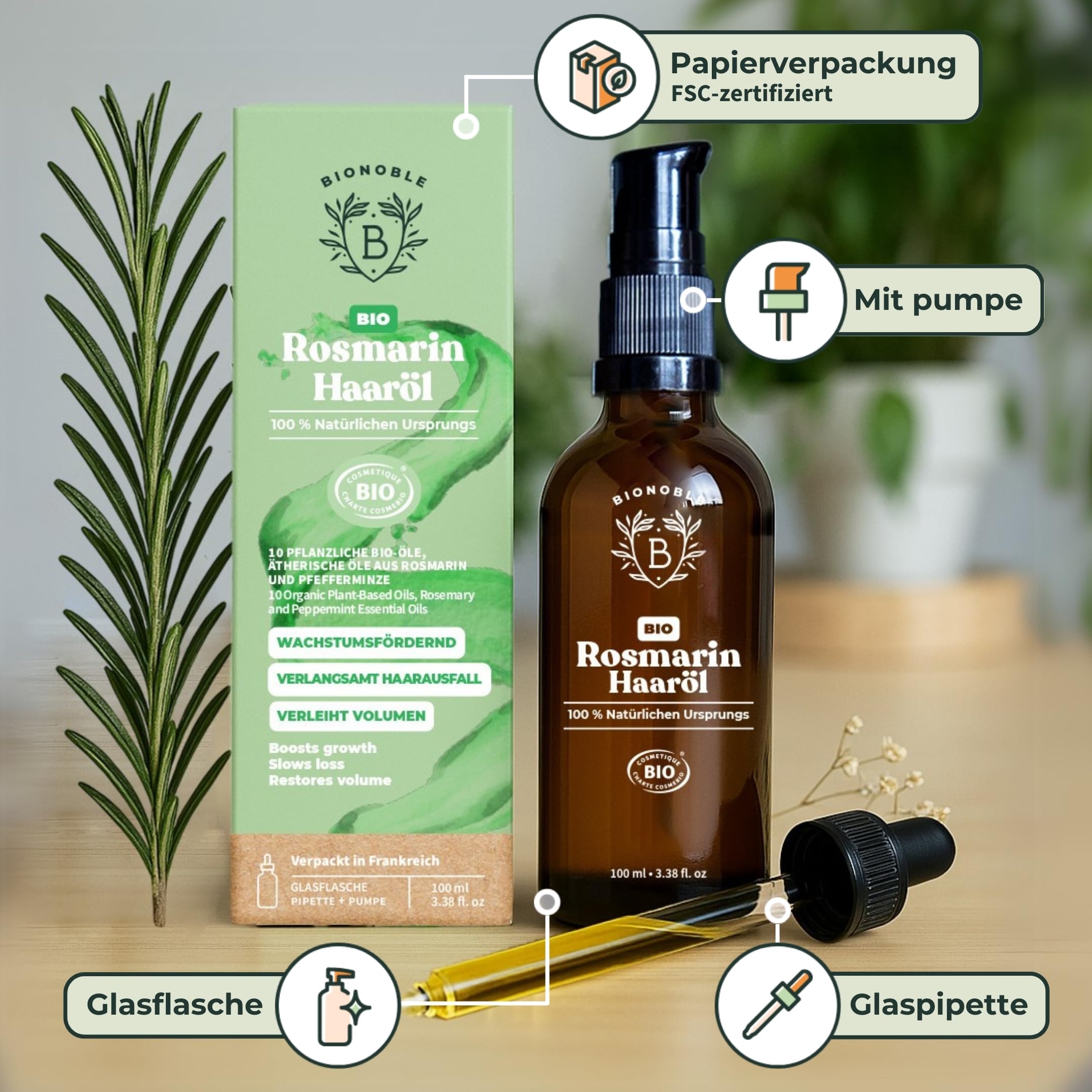 BIONOBLE Rizinusöl Kaltgepresst Bio - 100% Natürlich, Ohne Hexan - Wachstumsfördernd, Repariert - Rizinusöl Bio Haare, Wimpern, Augenbrauen, Haut - Castor Oil - Glasflasche mit Pumpe - 200ml