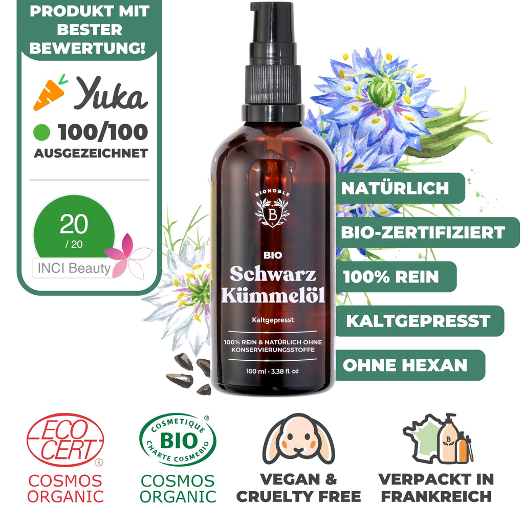 BIONOBLE Rizinusöl Kaltgepresst Bio - 100% Natürlich, Ohne Hexan - Wachstumsfördernd, Repariert - Rizinusöl Bio Haare, Wimpern, Augenbrauen, Haut - Castor Oil - Glasflasche mit Pumpe - 200ml