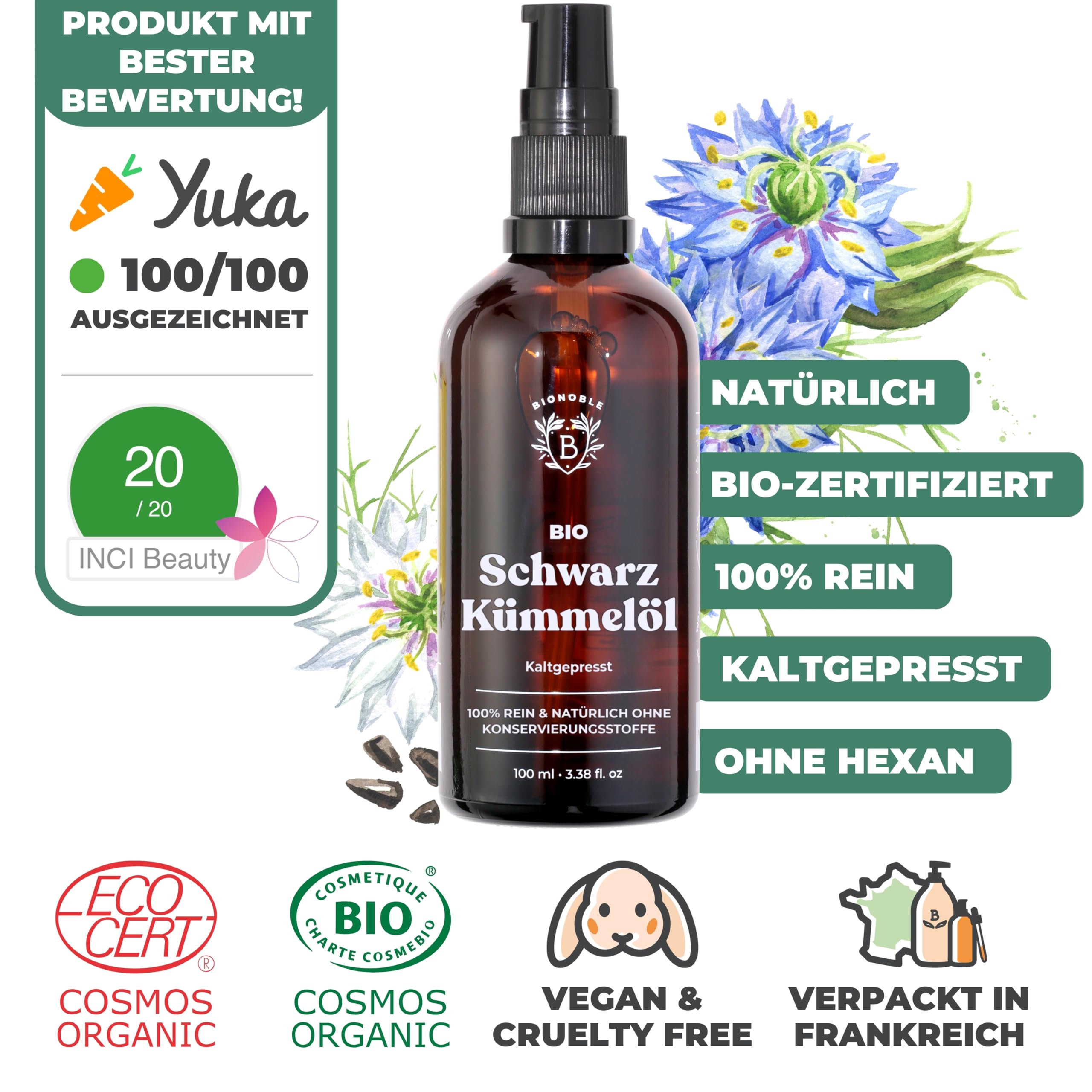 BIONOBLE Rizinusöl Kaltgepresst Bio - 100% Natürlich, Ohne Hexan - Wachstumsfördernd, Repariert - Rizinusöl Bio Haare, Wimpern, Augenbrauen, Haut - Castor Oil - Glasflasche mit Pumpe - 200ml