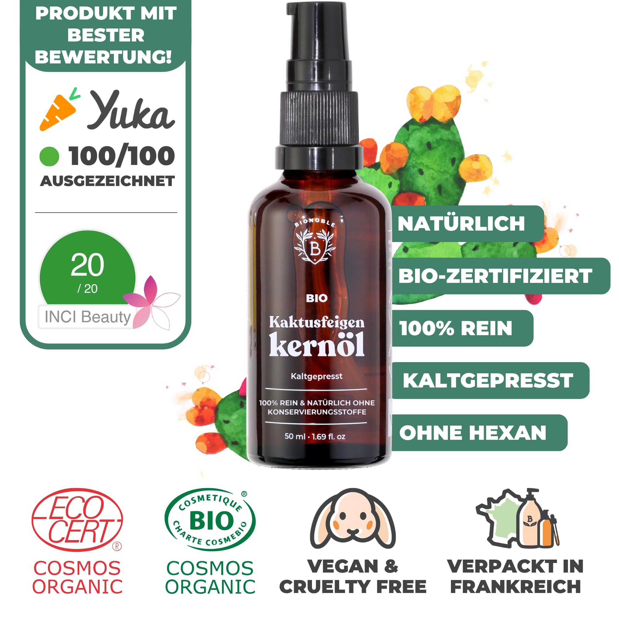 BIONOBLE Rizinusöl Kaltgepresst Bio - 100% Natürlich, Ohne Hexan - Wachstumsfördernd, Repariert - Rizinusöl Bio Haare, Wimpern, Augenbrauen, Haut - Castor Oil - Glasflasche mit Pumpe - 200ml