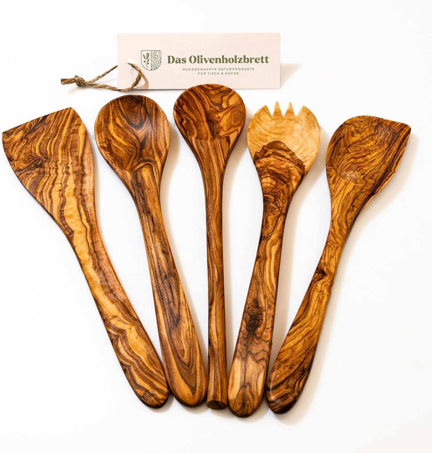 DAS OLIVENHOLZBRETT® 5er Set Pfannenwender, Kochlöffel, Löffel mit Ecke + Salatbesteck Olivenholz, 30cm, Holzlöffel Küchenutensilien Holz, Kochlöffel Holz, Kochlöffel Set