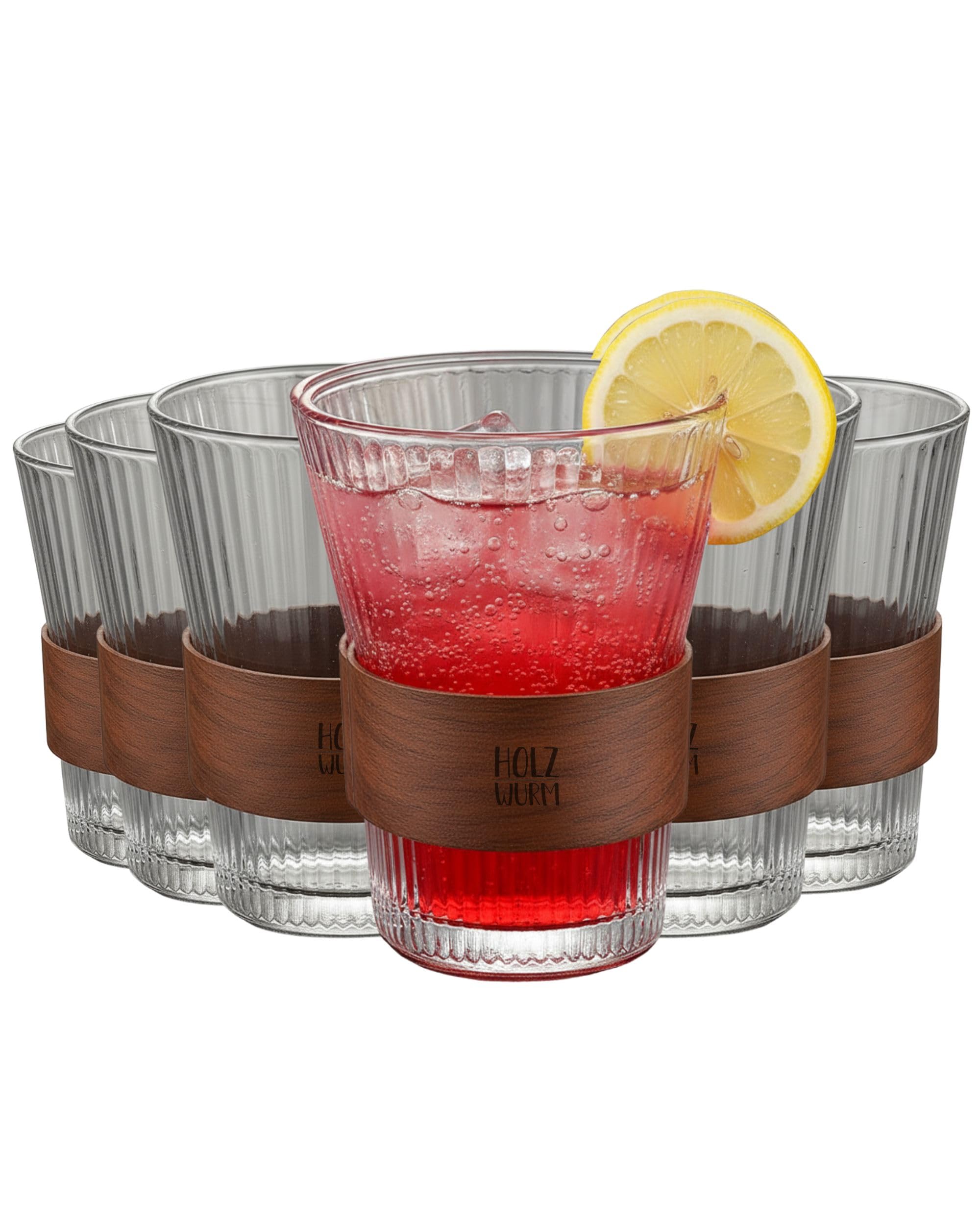 Holzwurm Glass Carafe 1 L - Ribbed Water Carafe with Walnut Wooden Coat, Elegant Water Carafe for Home and Office