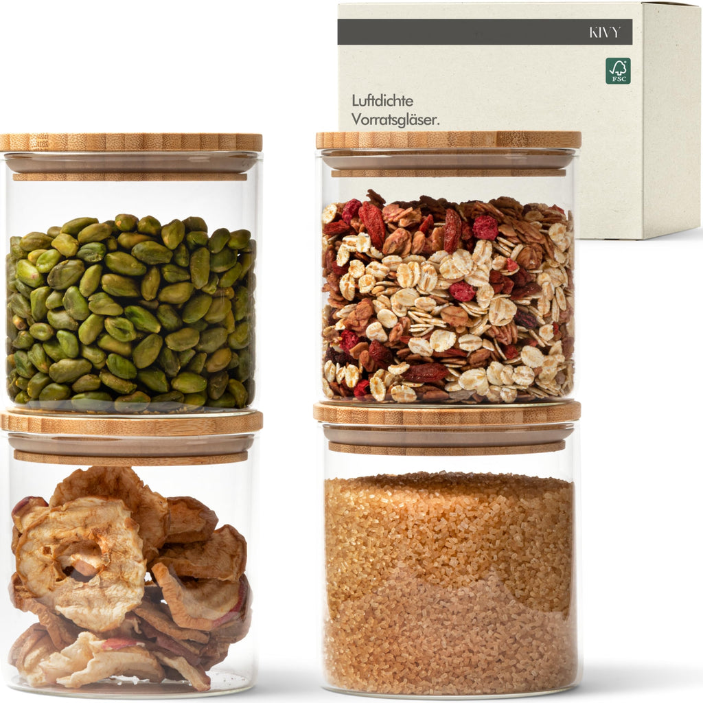 KIVY Vorratsgläser mit Deckel Luftdicht [4x 1200ml] - Vorratsdosen Glas mit Deckel - Glasbehälter mit Deckel - Müsli Aufbewahrung Küche - Vorratsglas mit Holzdeckel - Vorratsbehälter Glas Bambus