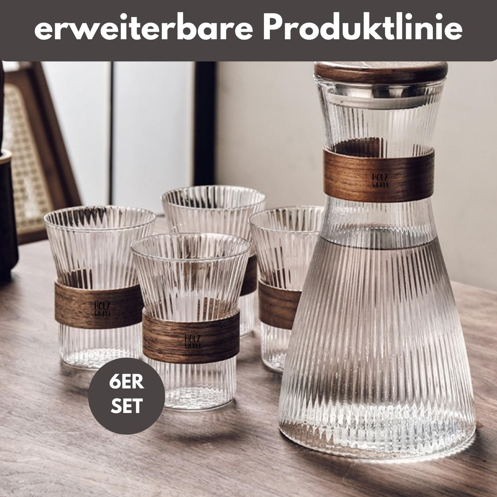 Holzwurm Glass Carafe 1 L - Ribbed Water Carafe with Walnut Wooden Coat, Elegant Water Carafe for Home and Office