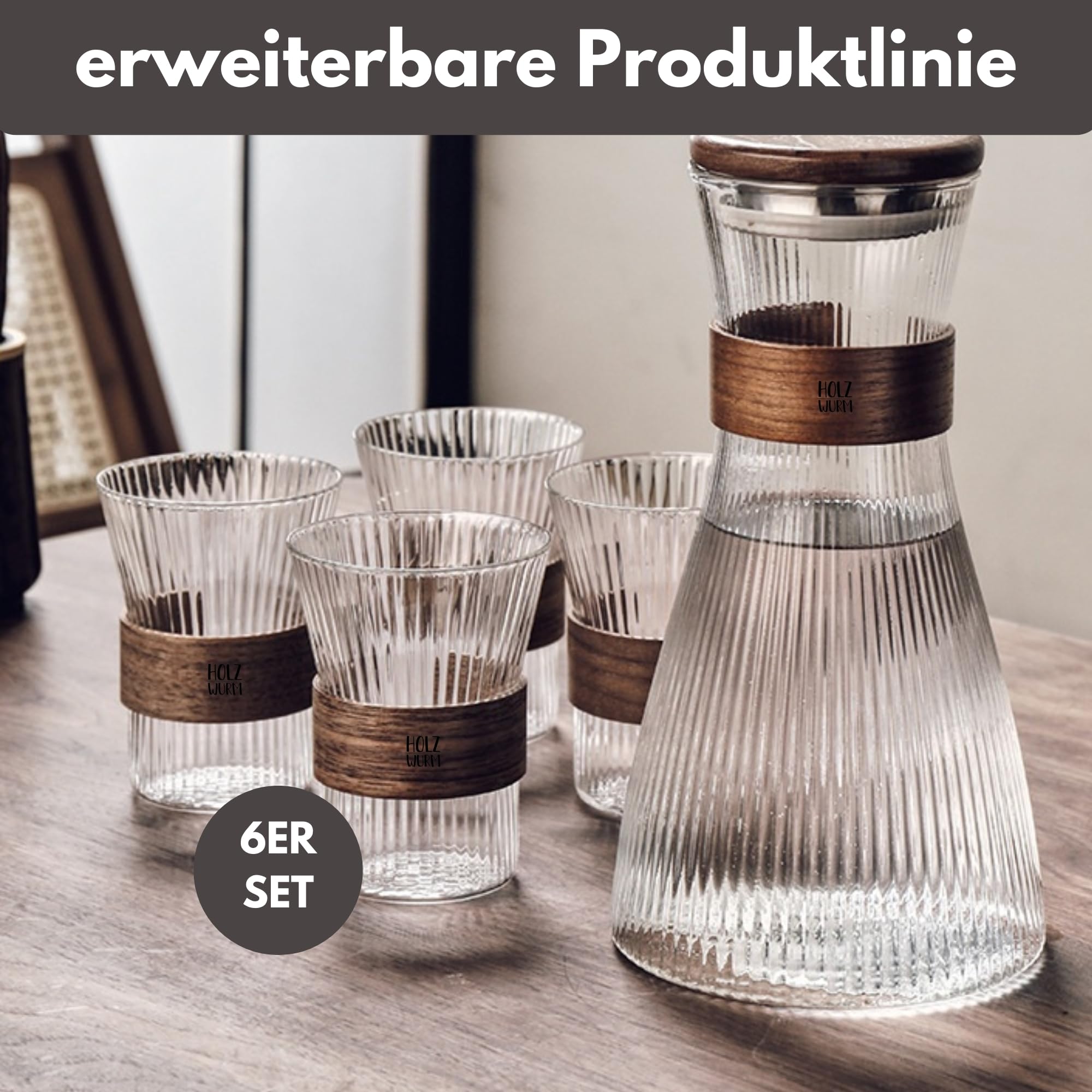 Holzwurm Glass Carafe 1 L - Ribbed Water Carafe with Walnut Wooden Coat, Elegant Water Carafe for Home and Office