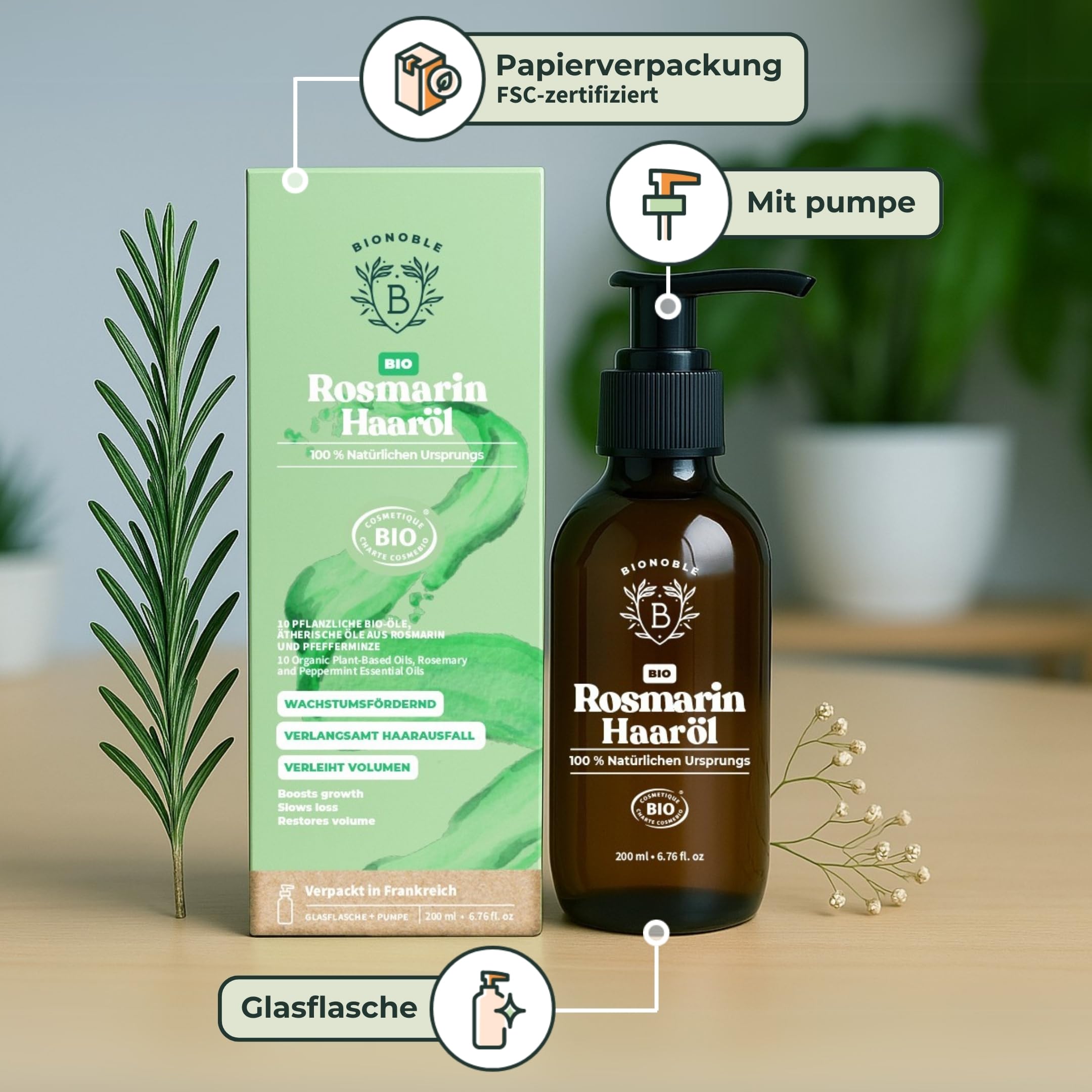 BIONOBLE Rizinusöl Kaltgepresst Bio - 100% Natürlich, Ohne Hexan - Wachstumsfördernd, Repariert - Rizinusöl Bio Haare, Wimpern, Augenbrauen, Haut - Castor Oil - Glasflasche mit Pumpe - 200ml