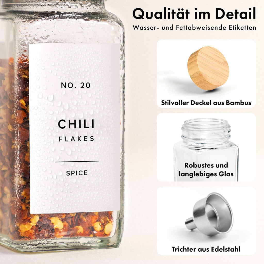 Square Spice Jars Set with Bamboo Lid (24 x 120 ml) Spice Shaker with Shaker Insert and 240 Labels White - Wooden Lid Spice Containers, Spice Jars, Spice Organiser [11 cm x 4.5 cm]