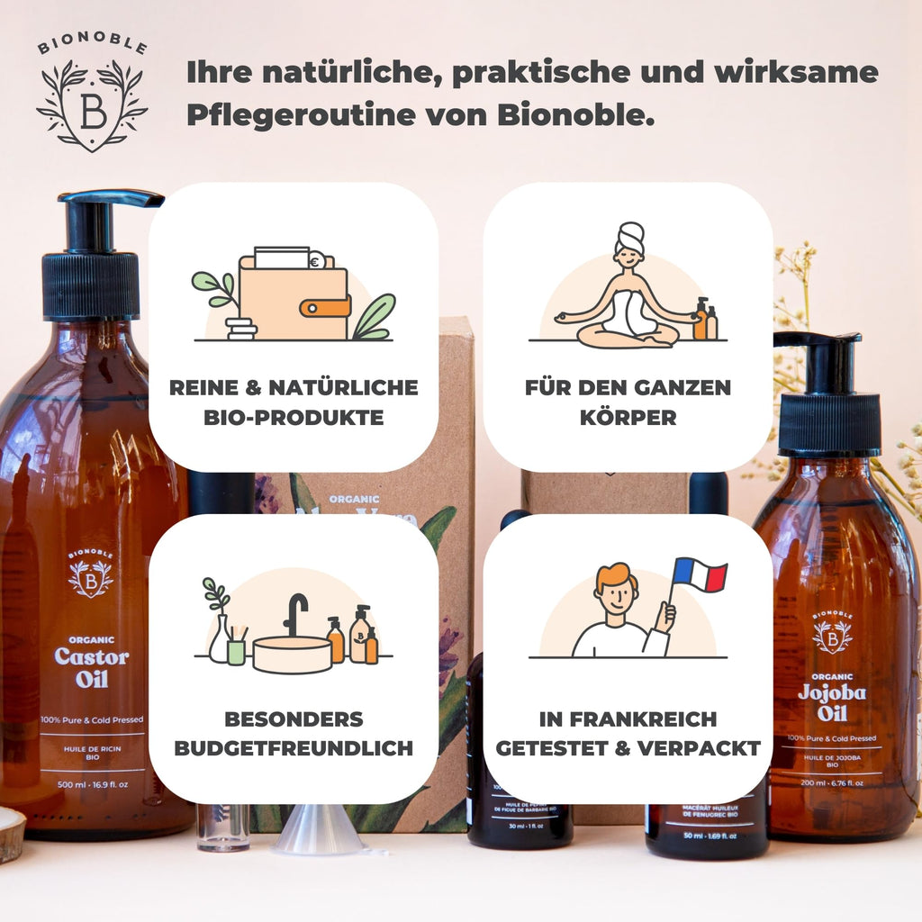 BIONOBLE Rizinusöl Kaltgepresst Bio - 100% Natürlich, Ohne Hexan - Wachstumsfördernd, Repariert - Rizinusöl Bio Haare, Wimpern, Augenbrauen, Haut - Castor Oil - Glasflasche mit Pumpe - 200ml