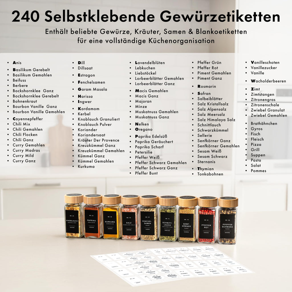 Square Spice Jars Set with Bamboo Lid (24 x 120 ml) Spice Shaker with Shaker Insert and 240 Labels White - Wooden Lid Spice Containers, Spice Jars, Spice Organiser [11 cm x 4.5 cm]