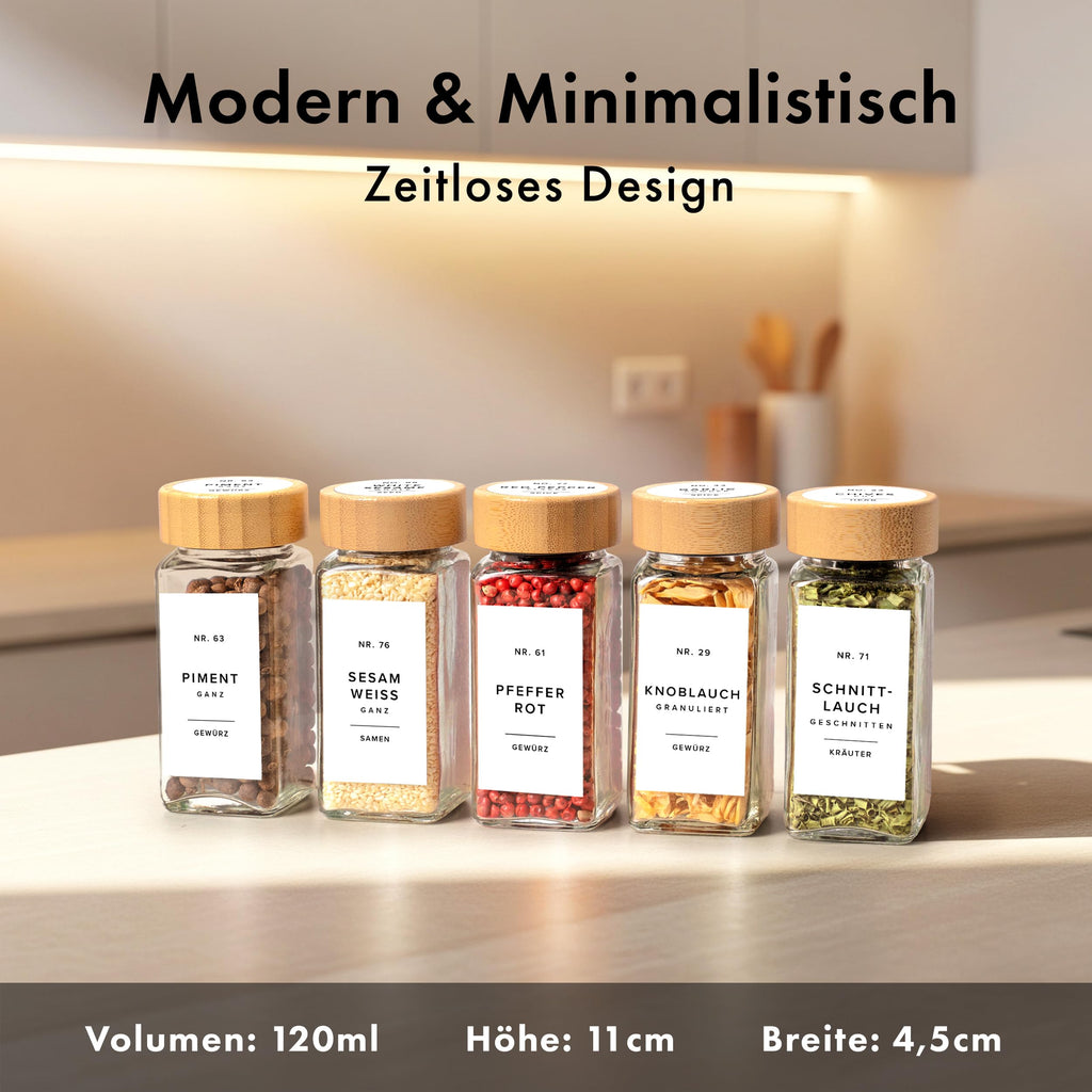 Square Spice Jars Set with Bamboo Lid (24 x 120 ml) Spice Shaker with Shaker Insert and 240 Labels White - Wooden Lid Spice Containers, Spice Jars, Spice Organiser [11 cm x 4.5 cm]