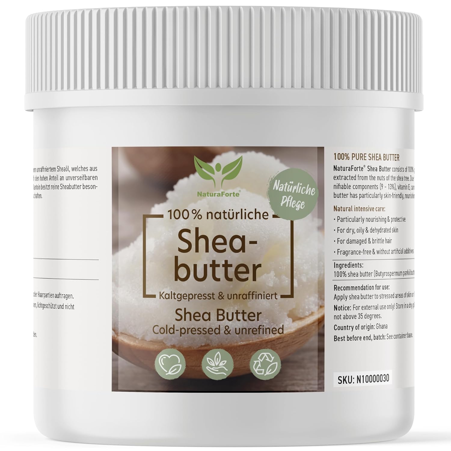 NaturaForte Sheabutter unraffiniert & kaltgepresst 250g – Naturreine Kosmetik Körperbutter, vegan, parfümfrei, feuchtigkeitsspendend & rückfettend, für alle Hauttypen