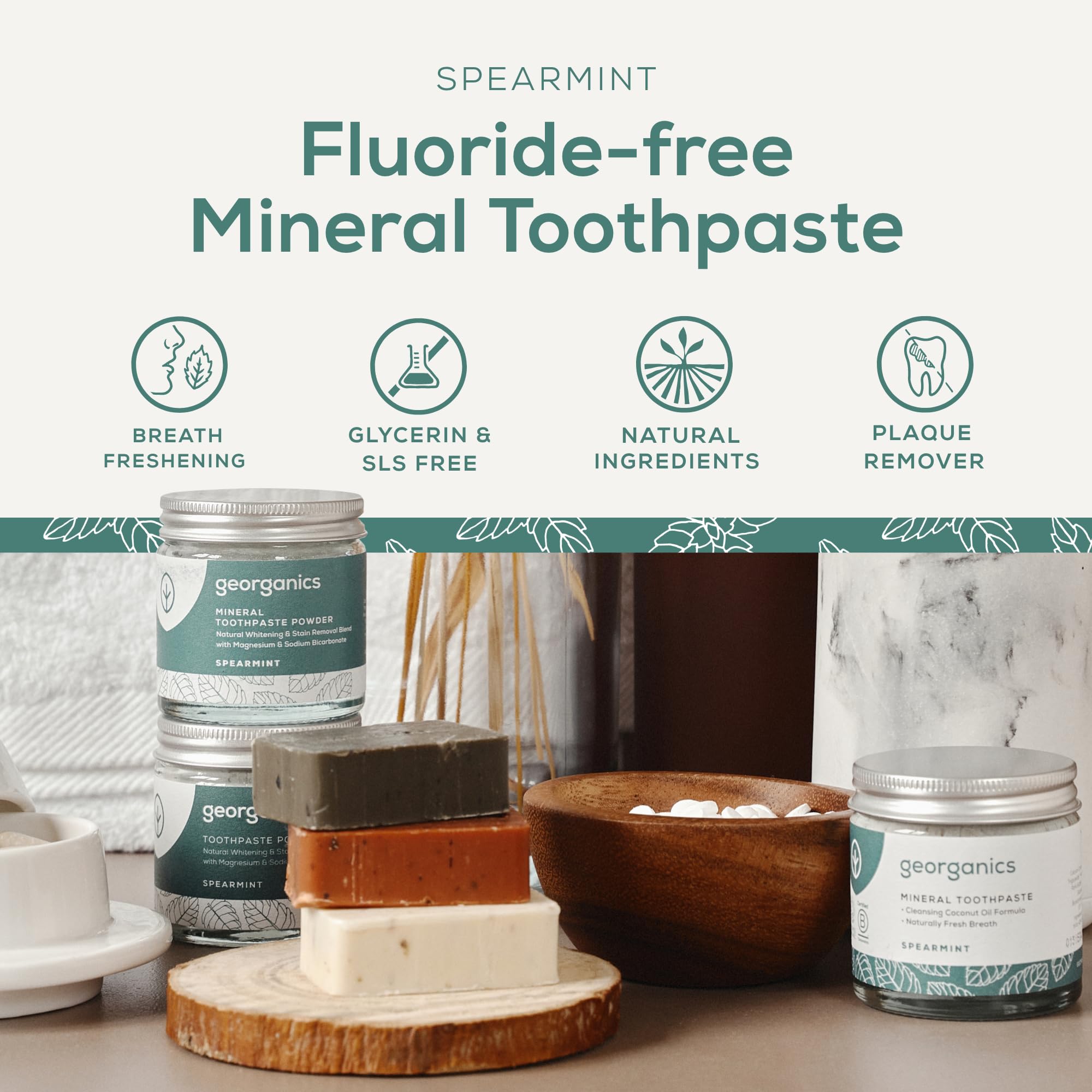 Georganics Natural Toothpaste 120ml - Spearmint | Remineralising Natural Toothpaste, Fluoride Free + SLS Free (120ml)