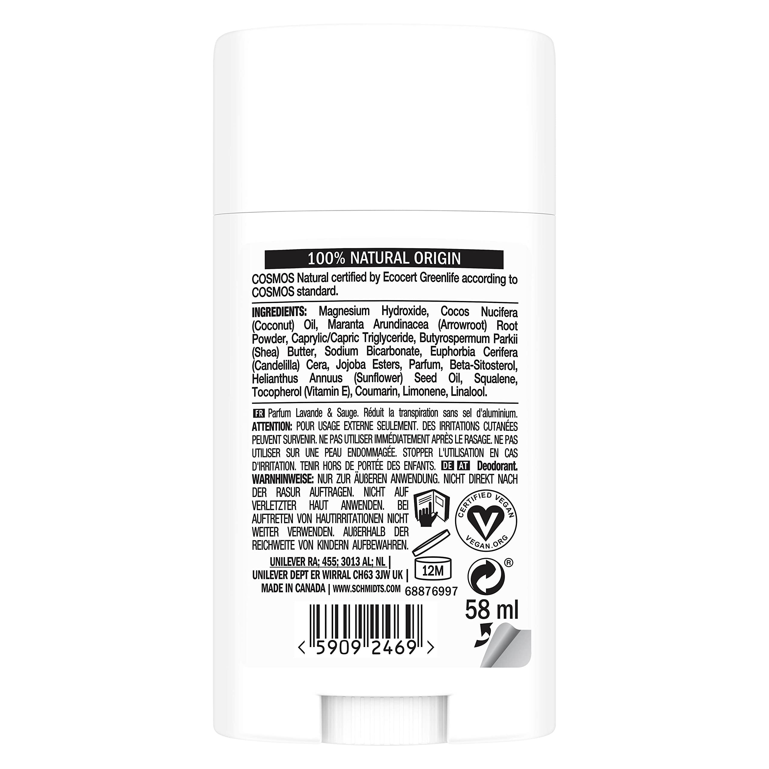 Schmidt's Natural Deodorant Stick Lavender & Sage Deodorant without Aluminium for Long-Lasting Freshness 75 g Pack of 1