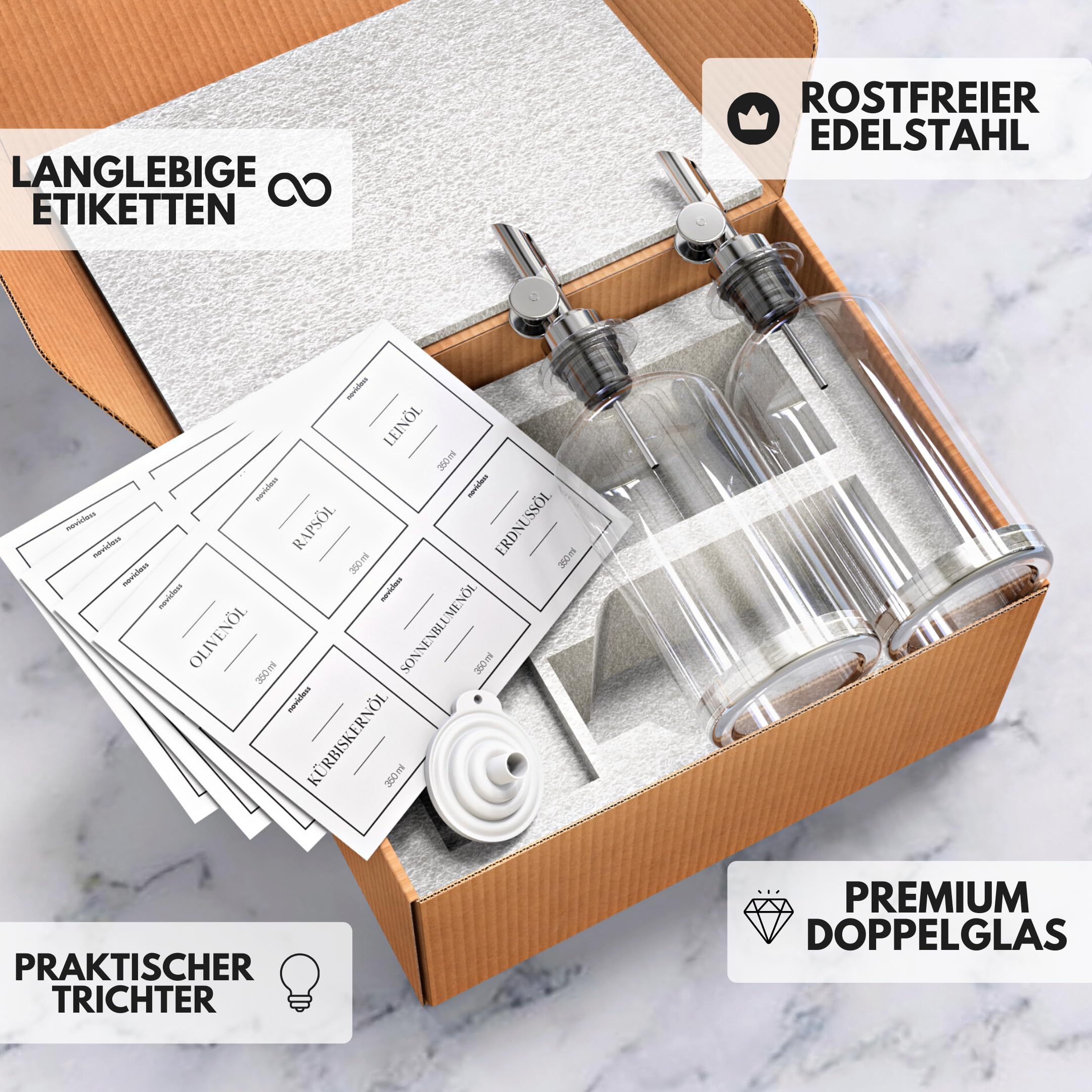 Ölflasche Essig und Ölflaschen Set Flaschen zum Befüllen (2x500ml ohne Etiketten und Trichter)