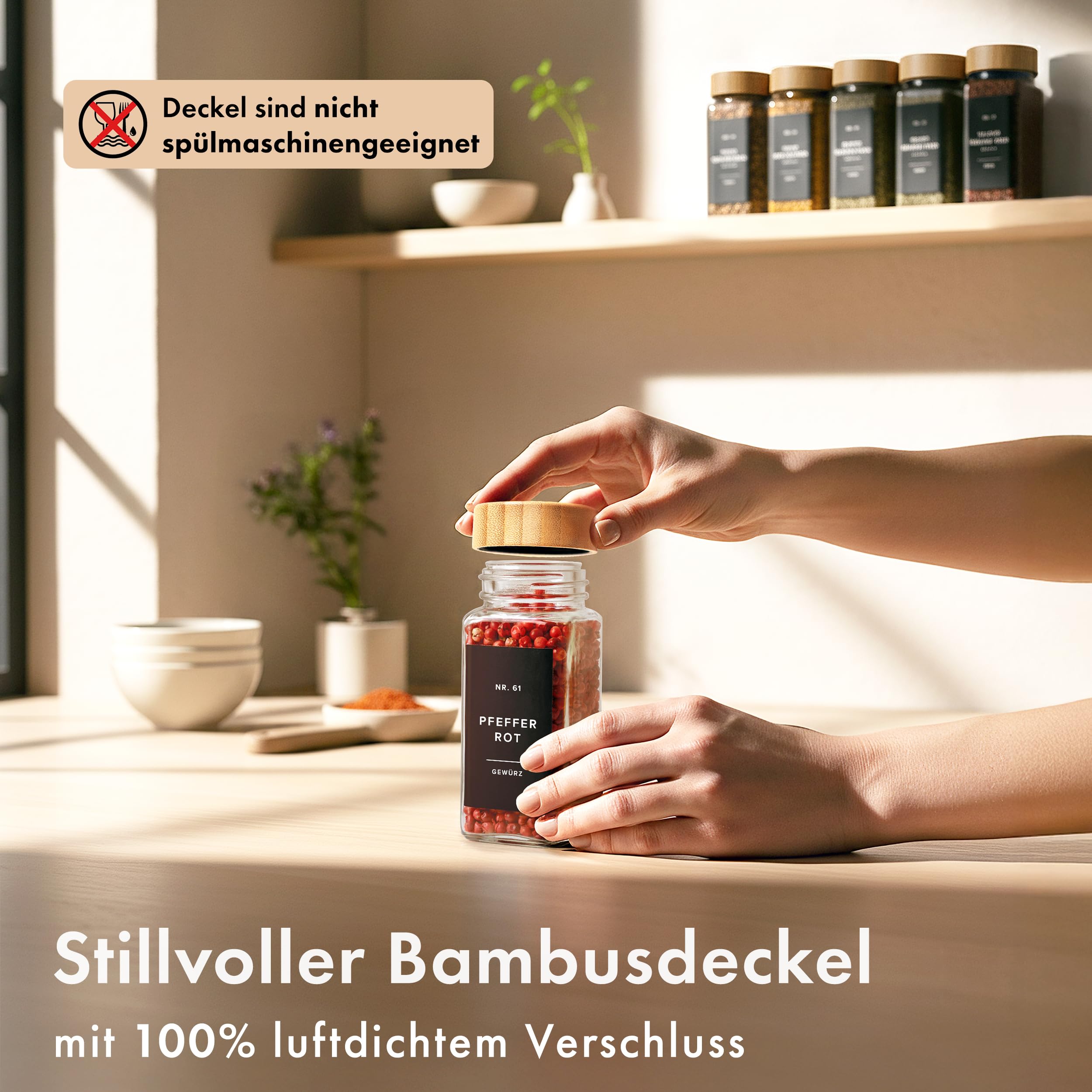 Square Spice Jars Set with Bamboo Lid (24 x 120 ml) Spice Shaker with Shaker Insert and 240 Labels White - Wooden Lid Spice Containers, Spice Jars, Spice Organiser [11 cm x 4.5 cm]