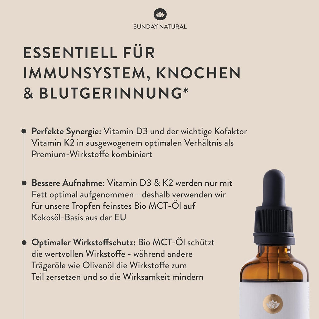 SUNDAY NATURAL Vitamin D3 K2 Drops High Dose - Vegan - Premium Vitamin D 3 1,000 IU + K2-MK7 ≥99.8% All-Trans 20µg - Optimal Bioavailability, No Other Additives, Laboratory Tested