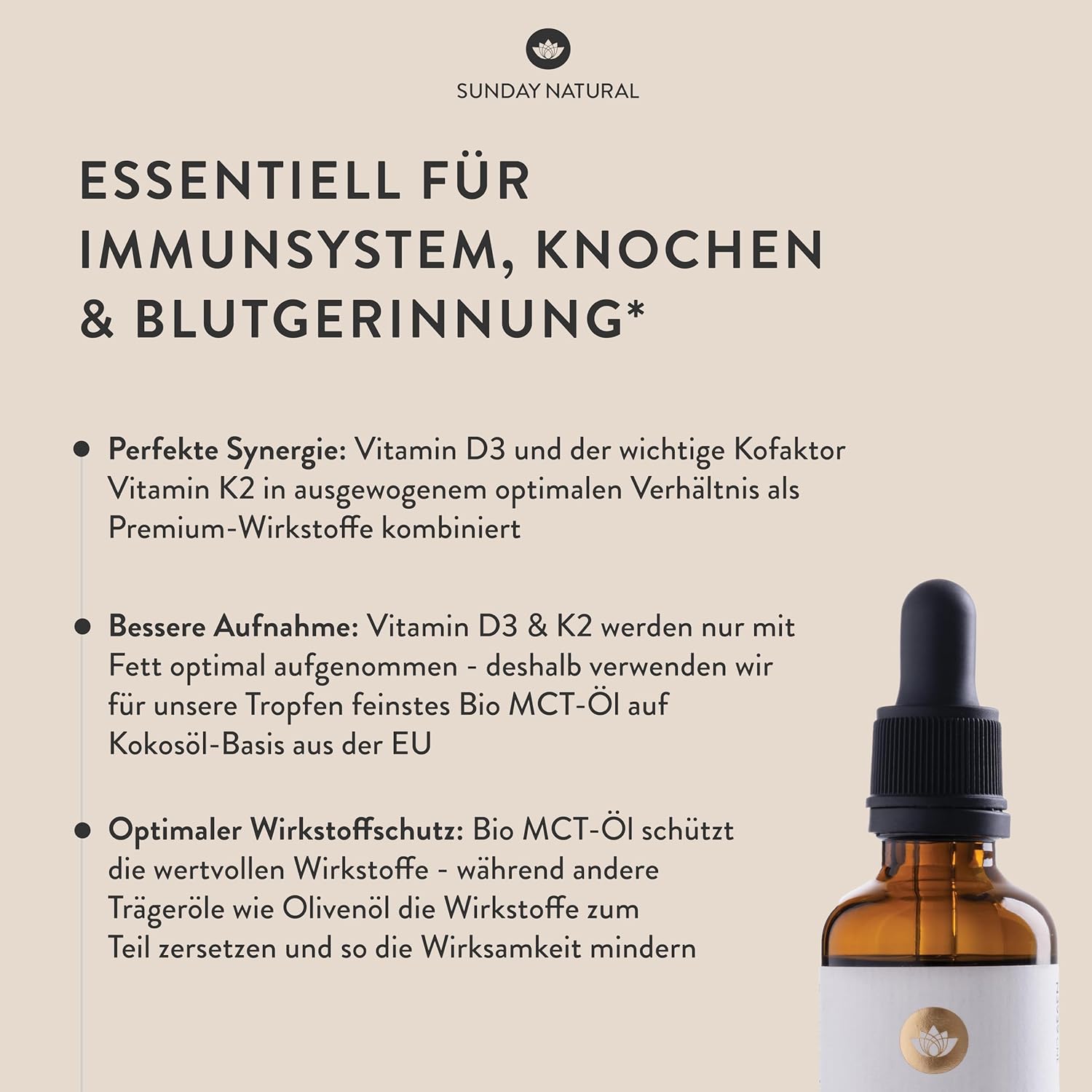 SUNDAY NATURAL Vitamin D3 K2 Drops High Dose - Vegan - Premium Vitamin D 3 1,000 IU + K2-MK7 ≥99.8% All-Trans 20µg - Optimal Bioavailability, No Other Additives, Laboratory Tested