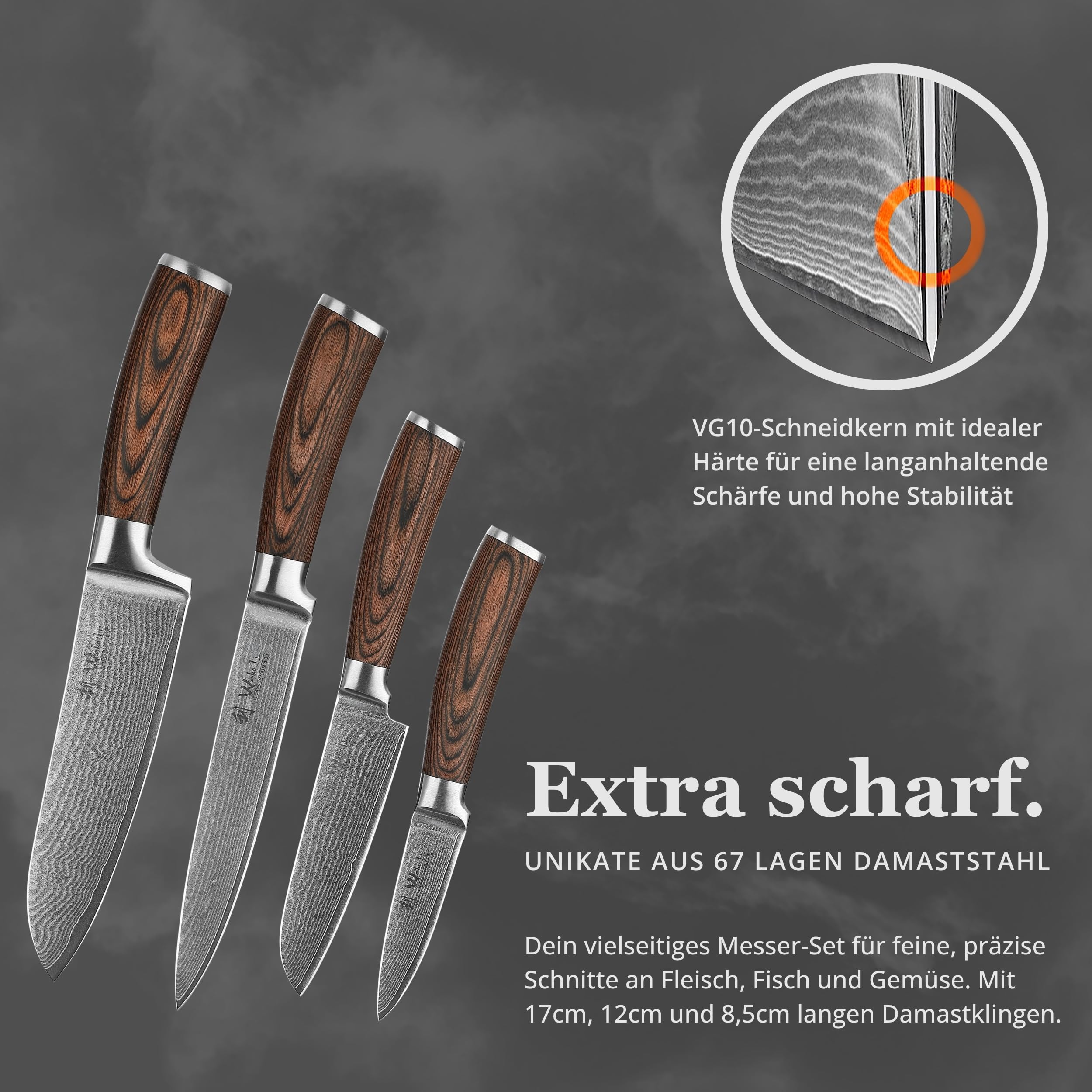 Wakoli EDIB 4-teiliges Küchenmesser Set aus Damaststahl (VG10 Kern) in edler Geschenkbox – Scharfes Damastmesser Set mit Pakkaholzgriffen – Messerset mit 2x Santoku, Fleischmesser & Officemesser