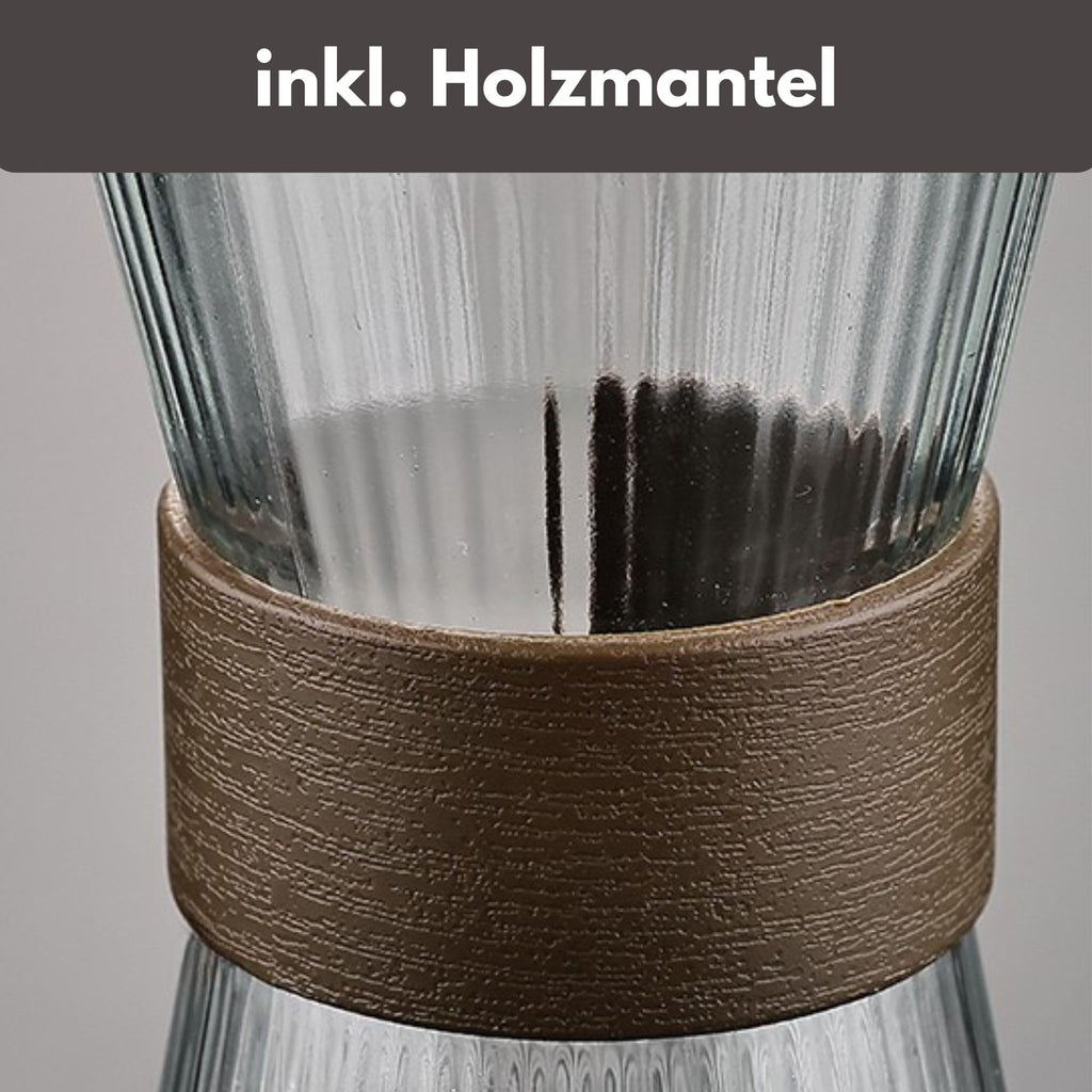 Holzwurm Glass Carafe 1 L - Ribbed Water Carafe with Walnut Wooden Coat, Elegant Water Carafe for Home and Office
