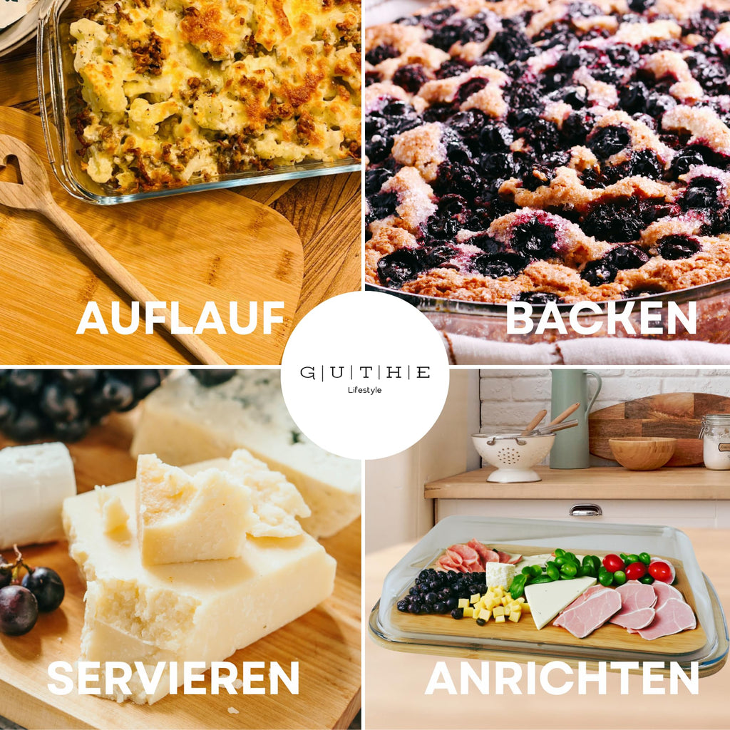 GUTHE Lifestyle Set of 3 Food Storage Boxes for Fridge Glass, Stackable Food Storage Containers with Wooden Lid, Casserole Dish Set, Sausage and Cheese Storage