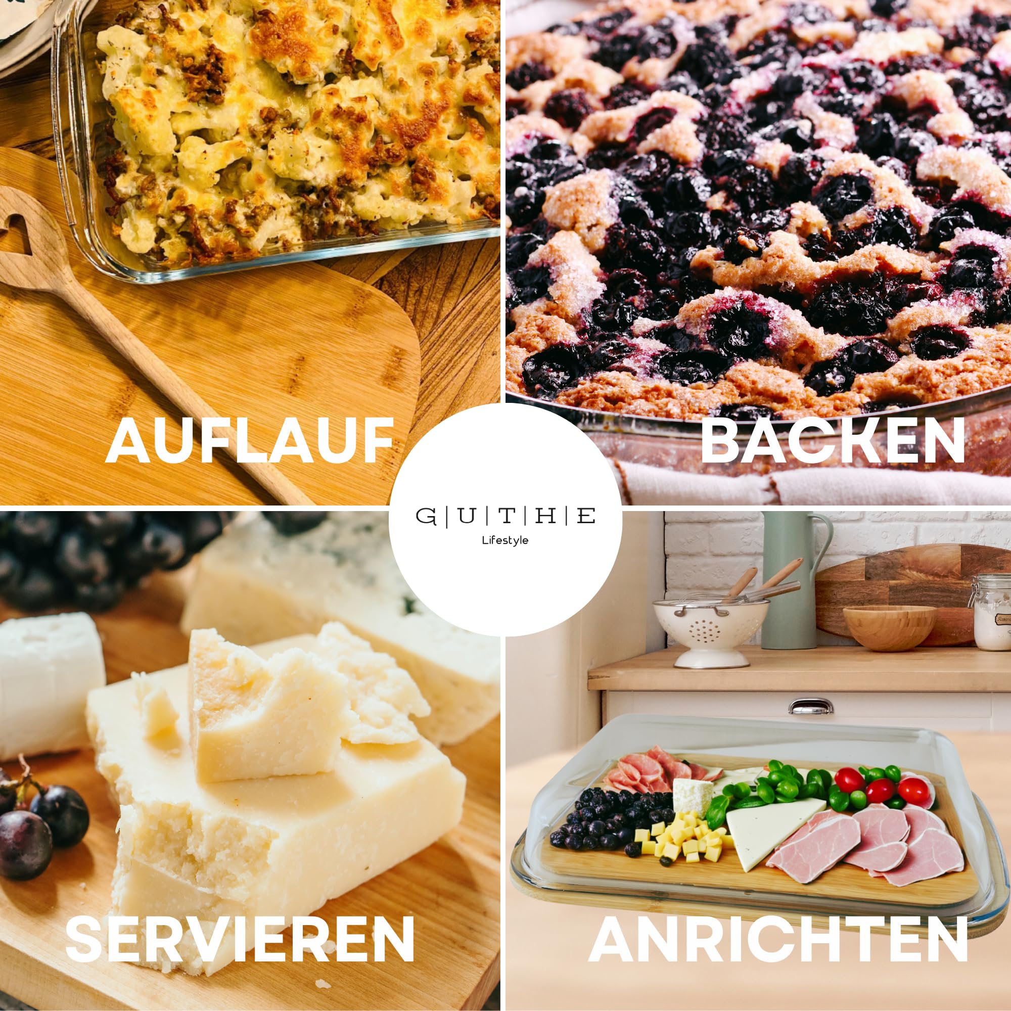 GUTHE Lifestyle Set of 3 Food Storage Boxes for Fridge Glass, Stackable Food Storage Containers with Wooden Lid, Casserole Dish Set, Sausage and Cheese Storage