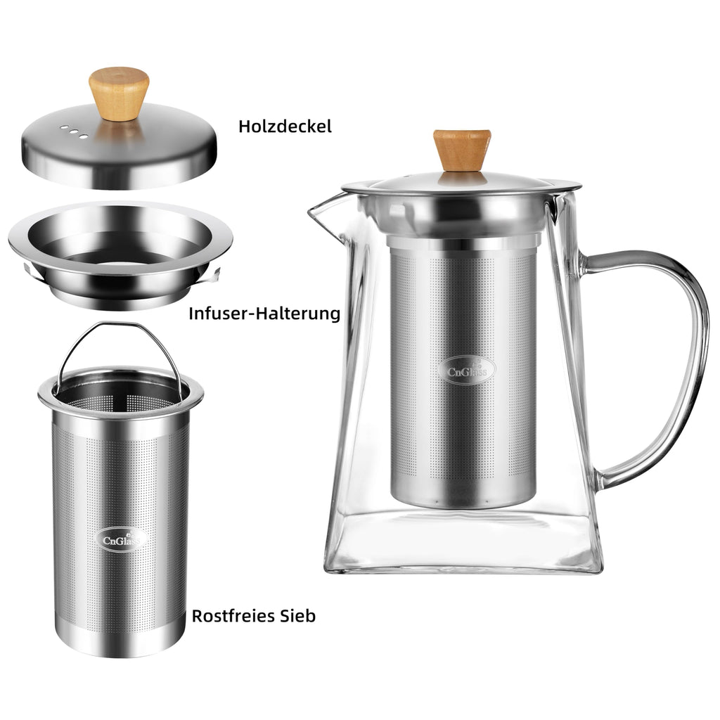 CNGLASS 1100ml/37.5oz Glas-Teekanne mit Infuser,Klarglas-Teekessel mit abnehmbarem Edelstahlsieb,Herdfeste Glas-Teekanne für blühenden und losen Blatttee