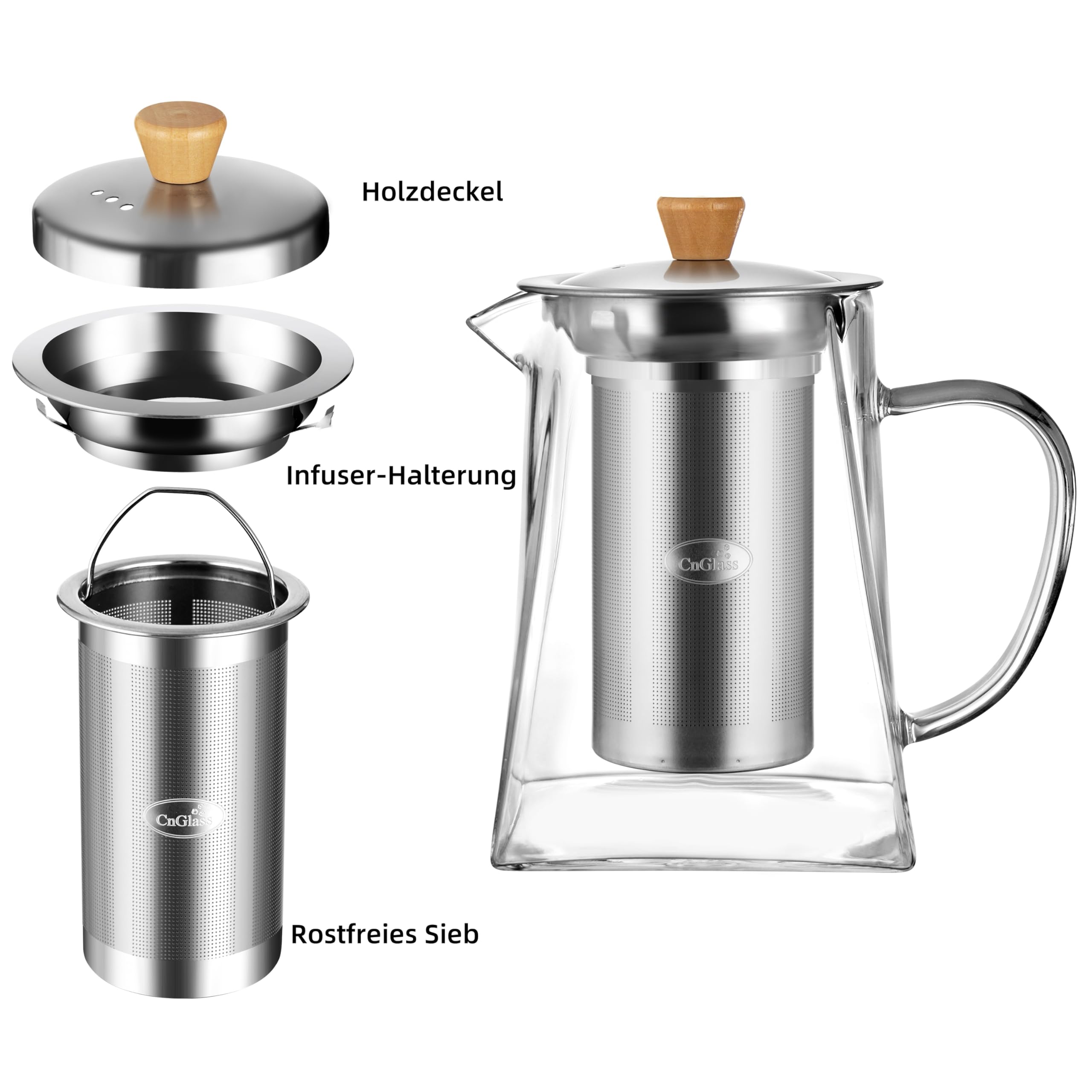 CNGLASS 1100ml/37.5oz Glas-Teekanne mit Infuser,Klarglas-Teekessel mit abnehmbarem Edelstahlsieb,Herdfeste Glas-Teekanne für blühenden und losen Blatttee