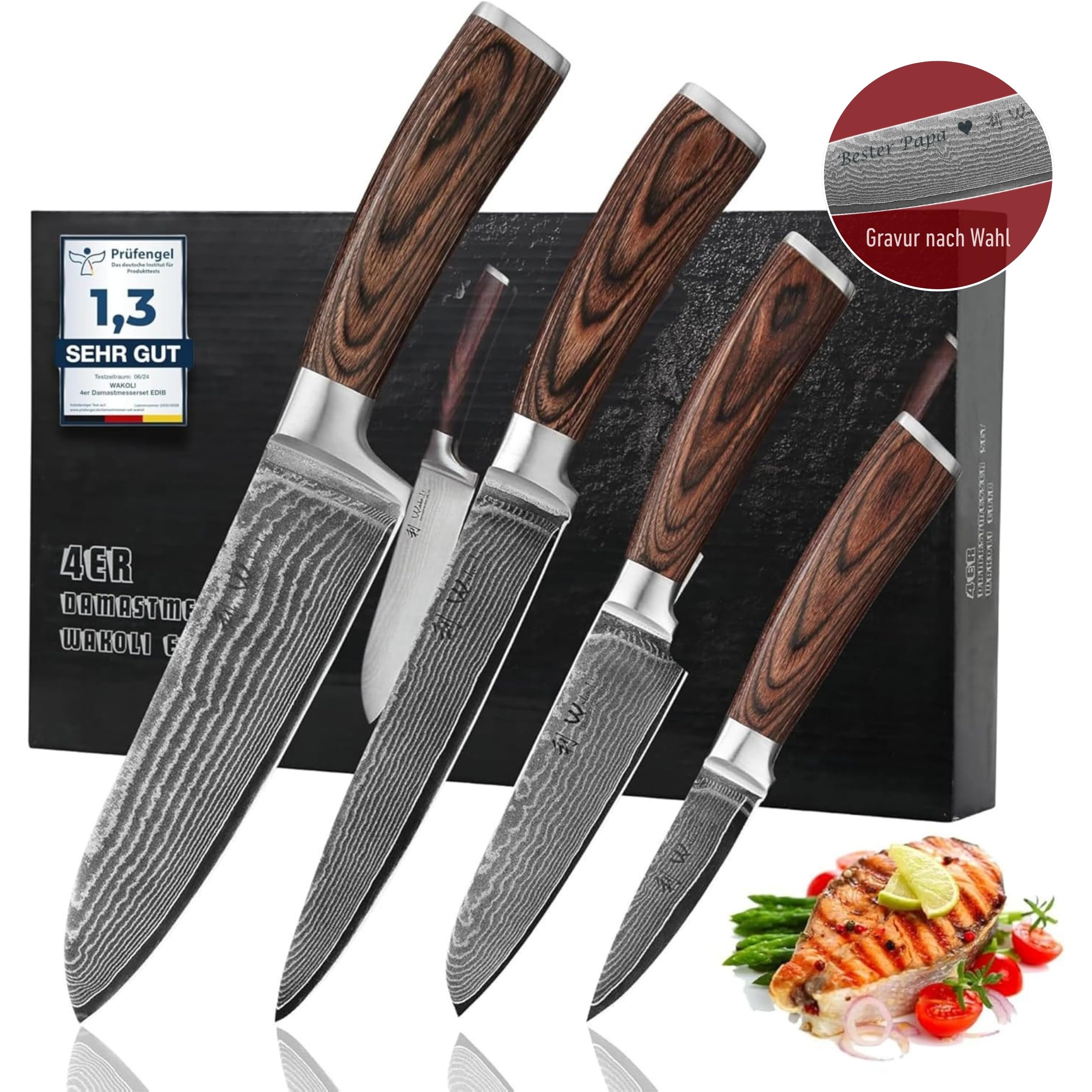 Wakoli EDIB 4-teiliges Küchenmesser Set aus Damaststahl (VG10 Kern) in edler Geschenkbox – Scharfes Damastmesser Set mit Pakkaholzgriffen – Messerset mit 2x Santoku, Fleischmesser & Officemesser