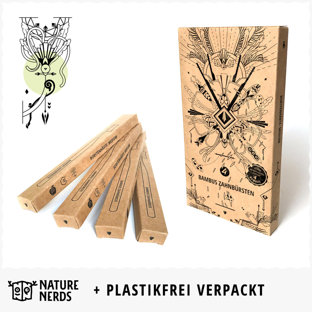 Nature Nerds - Bambus-Zahnbürsten im Set (4er Pack) / Härtegrad: Mittel/aus dem nachwachsendem Rohstoff Bambus