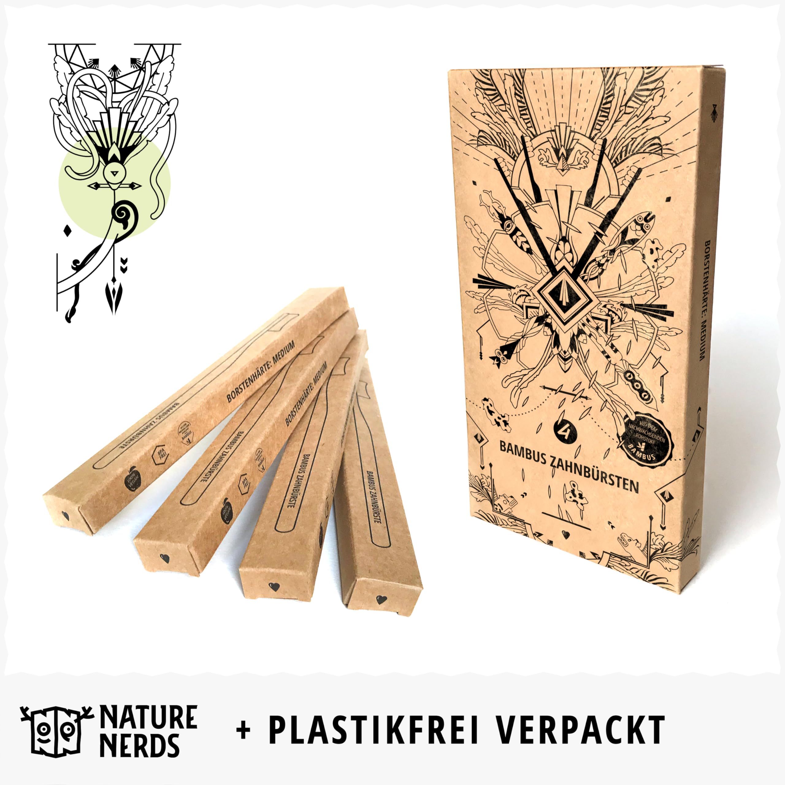 Nature Nerds - Bambus-Zahnbürsten im Set (4er Pack) / Härtegrad: Mittel/aus dem nachwachsendem Rohstoff Bambus