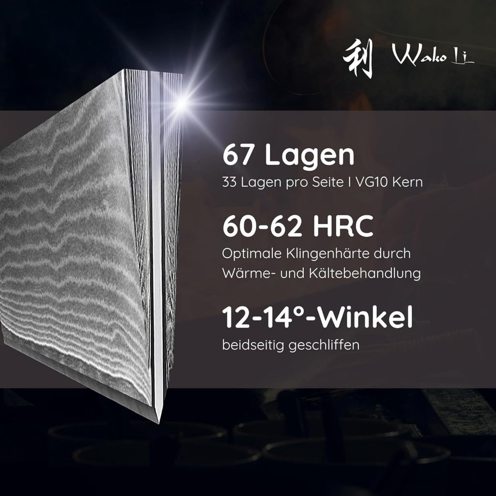 Wakoli EDIB 4-teiliges Küchenmesser Set aus Damaststahl (VG10 Kern) in edler Geschenkbox – Scharfes Damastmesser Set mit Pakkaholzgriffen – Messerset mit 2x Santoku, Fleischmesser & Officemesser