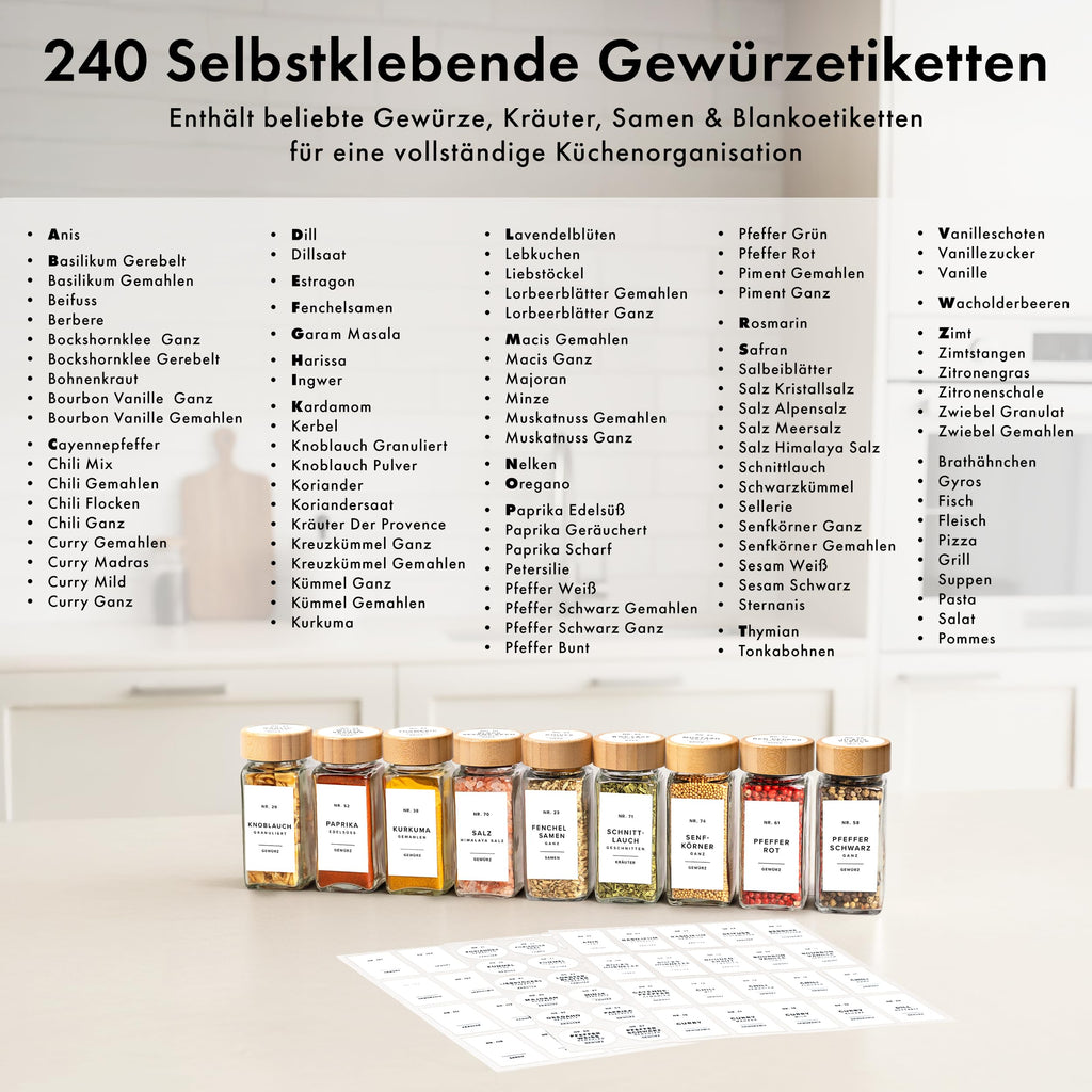 Square Spice Jars Set with Bamboo Lid (24 x 120 ml) Spice Shaker with Shaker Insert and 240 Labels White - Wooden Lid Spice Containers, Spice Jars, Spice Organiser [11 cm x 4.5 cm]