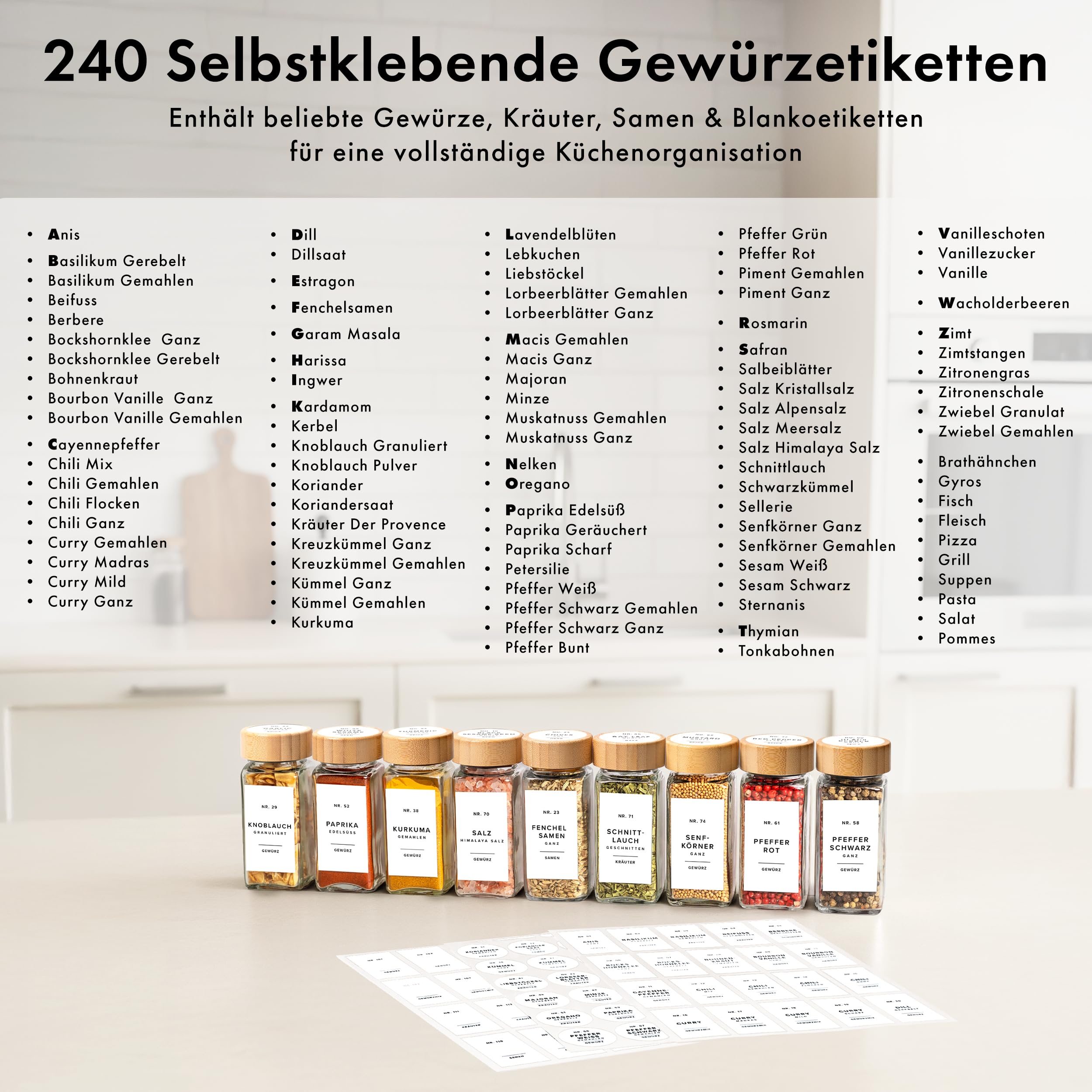 Square Spice Jars Set with Bamboo Lid (24 x 120 ml) Spice Shaker with Shaker Insert and 240 Labels White - Wooden Lid Spice Containers, Spice Jars, Spice Organiser [11 cm x 4.5 cm]