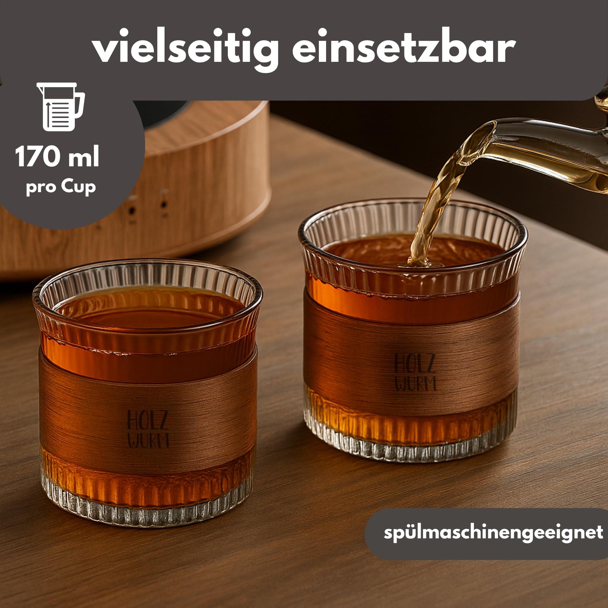 Holzwurm Glass Carafe 1 L - Ribbed Water Carafe with Walnut Wooden Coat, Elegant Water Carafe for Home and Office