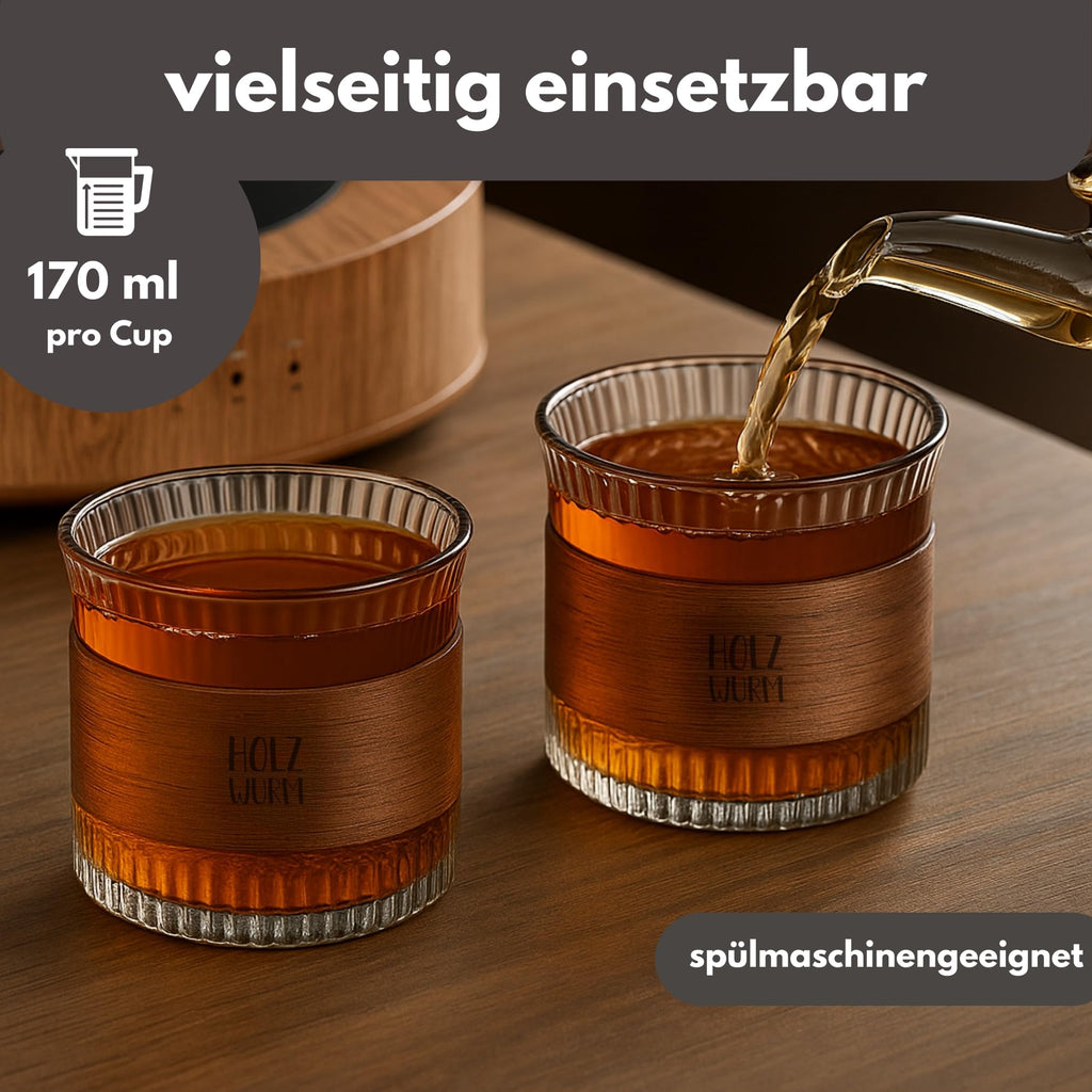 Holzwurm Glass Carafe 1 L - Ribbed Water Carafe with Walnut Wooden Coat, Elegant Water Carafe for Home and Office