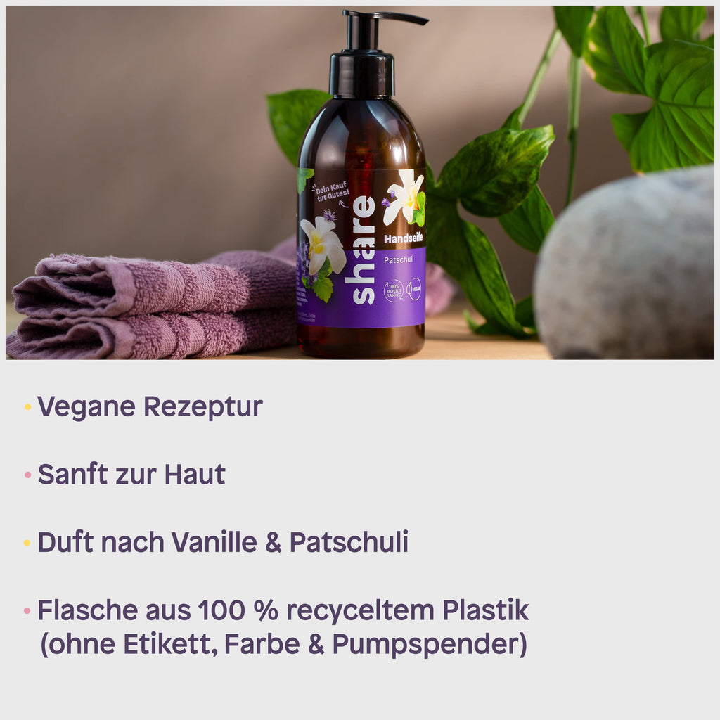 share Flüssigseife Patschuli 250 ml – Seife spendet ein Hygieneprodukt an einen Menschen in Not – vegane Handseife im Seifenspender