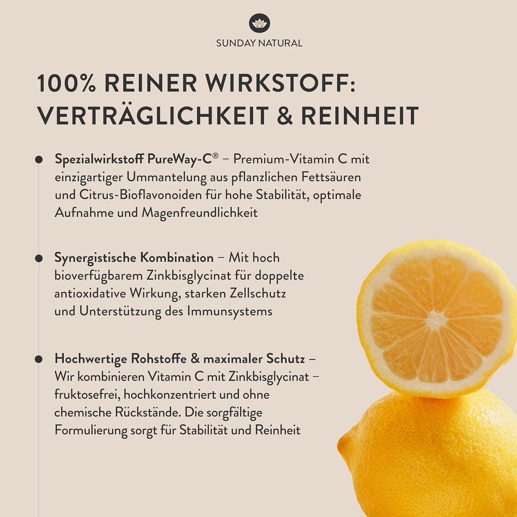 SUNDAY NATURAL Vitamin C and Zinc High Dose - 240 Capsules - 1500 mg Vitamin C & 20 mg Zinc per Daily Dose - PureWay-C & Bioavailable Zinc Bisglycinate - Laboratory Tested, Vegan, No Other Additives