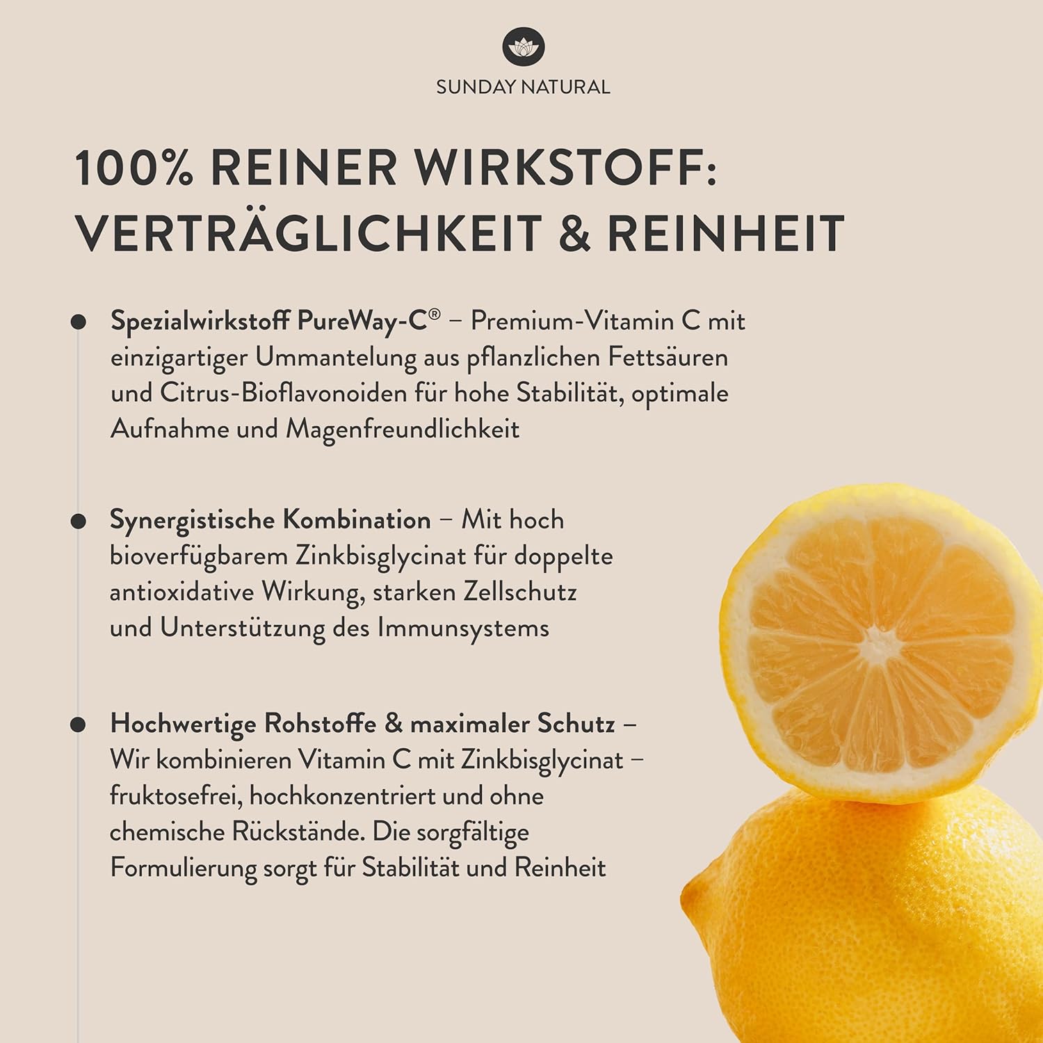 SUNDAY NATURAL Vitamin C and Zinc High Dose - 240 Capsules - 1500 mg Vitamin C & 20 mg Zinc per Daily Dose - PureWay-C & Bioavailable Zinc Bisglycinate - Laboratory Tested, Vegan, No Other Additives
